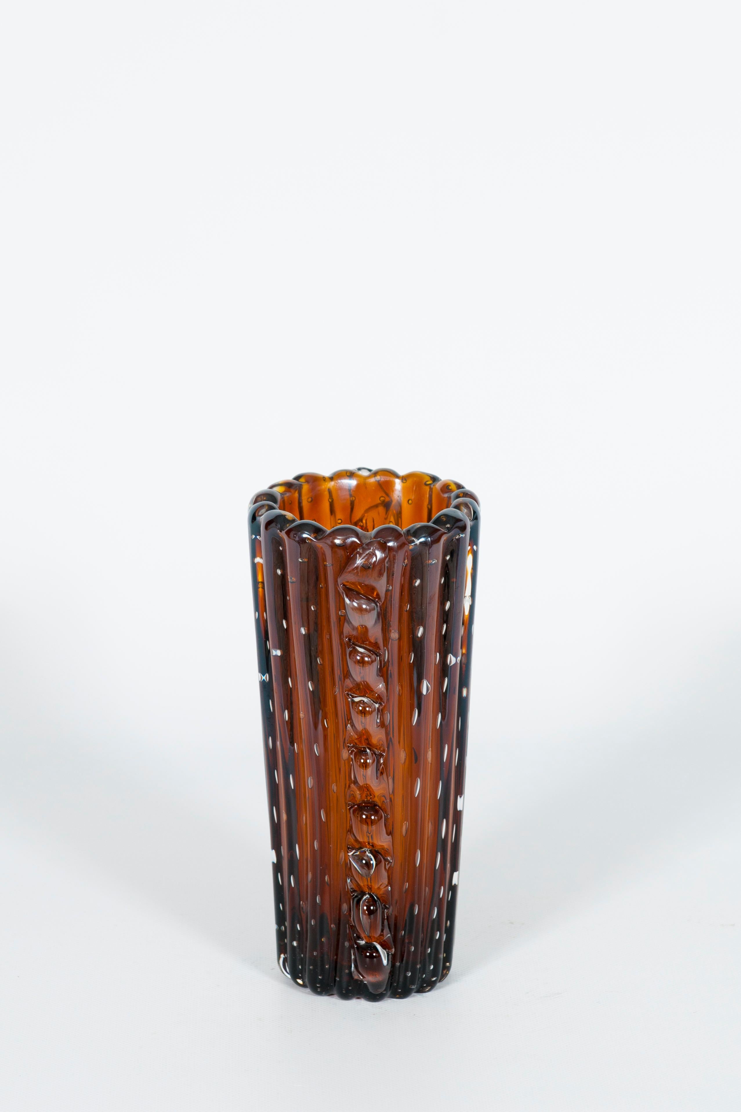 Blown Glass Dark Amber Color Murano Glass Bubble Vase Attributed to Seguso 1980s Italy For Sale