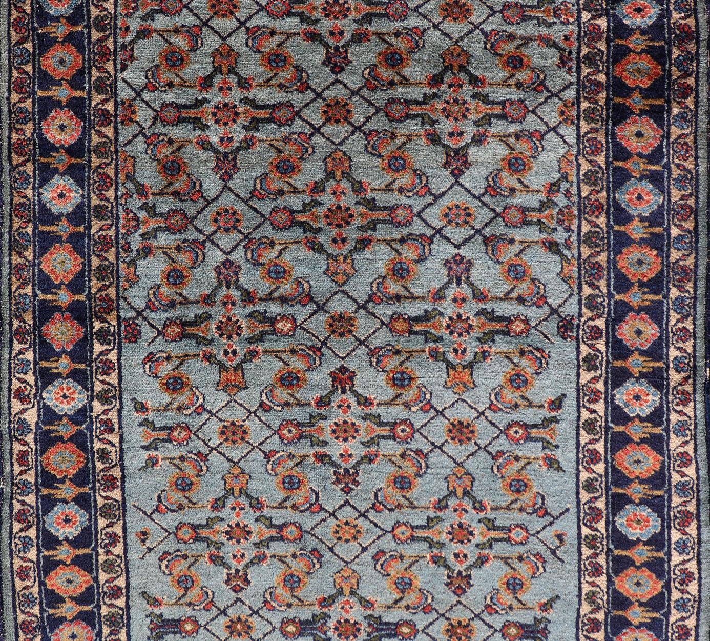 Intricately designed antique Malayer small rug in light navy and light blue. Keivan Woven Arts /  rug R20-0827, country of origin / type: Iran / Malayer, circa 1920.

This beautiful antique Malayer from Persia features an elaborate all-over design,