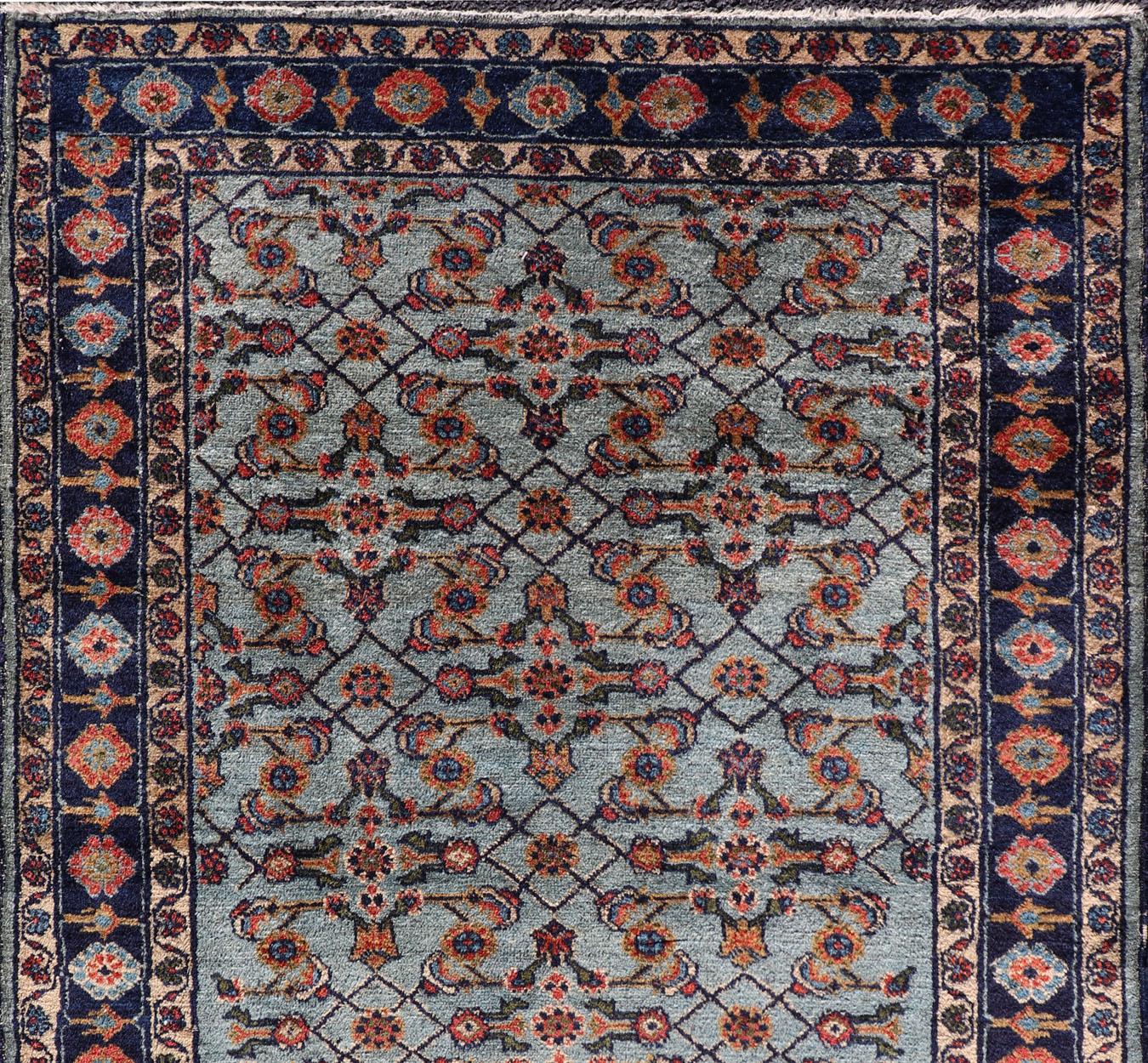 Hand-Knotted Dark and Blue Persian Antique Malayer Rug with Sub-Geometric Design For Sale