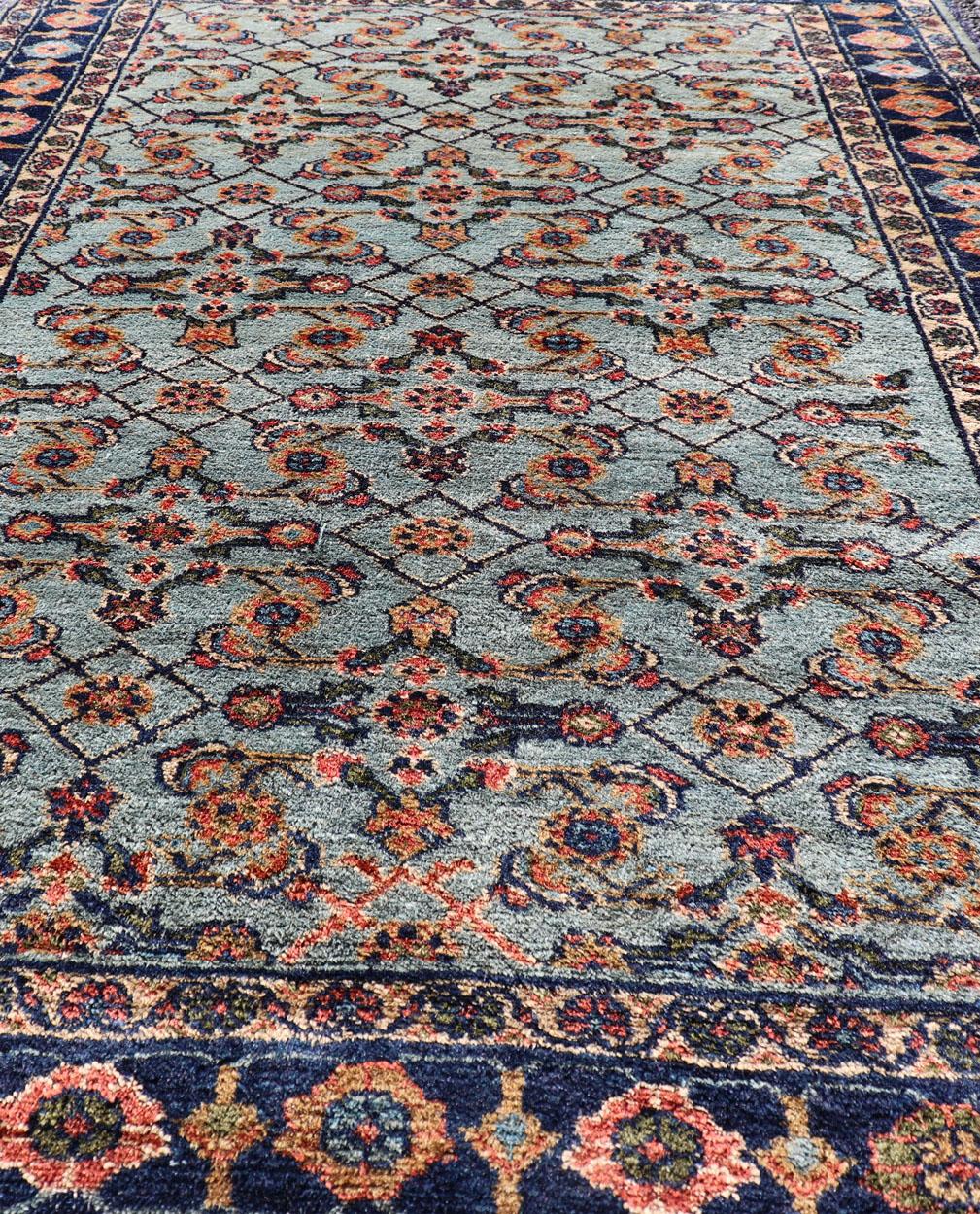 Wool Dark and Blue Persian Antique Malayer Rug with Sub-Geometric Design For Sale