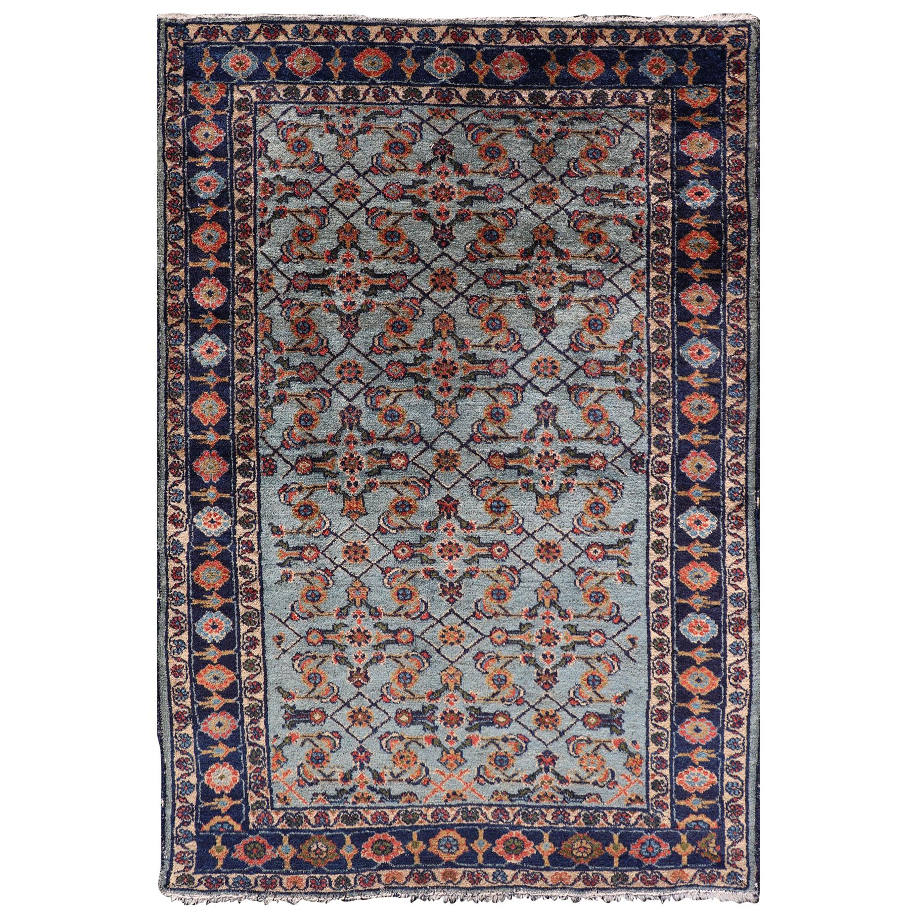Dark and Blue Persian Antique Malayer Rug with Sub-Geometric Design For Sale