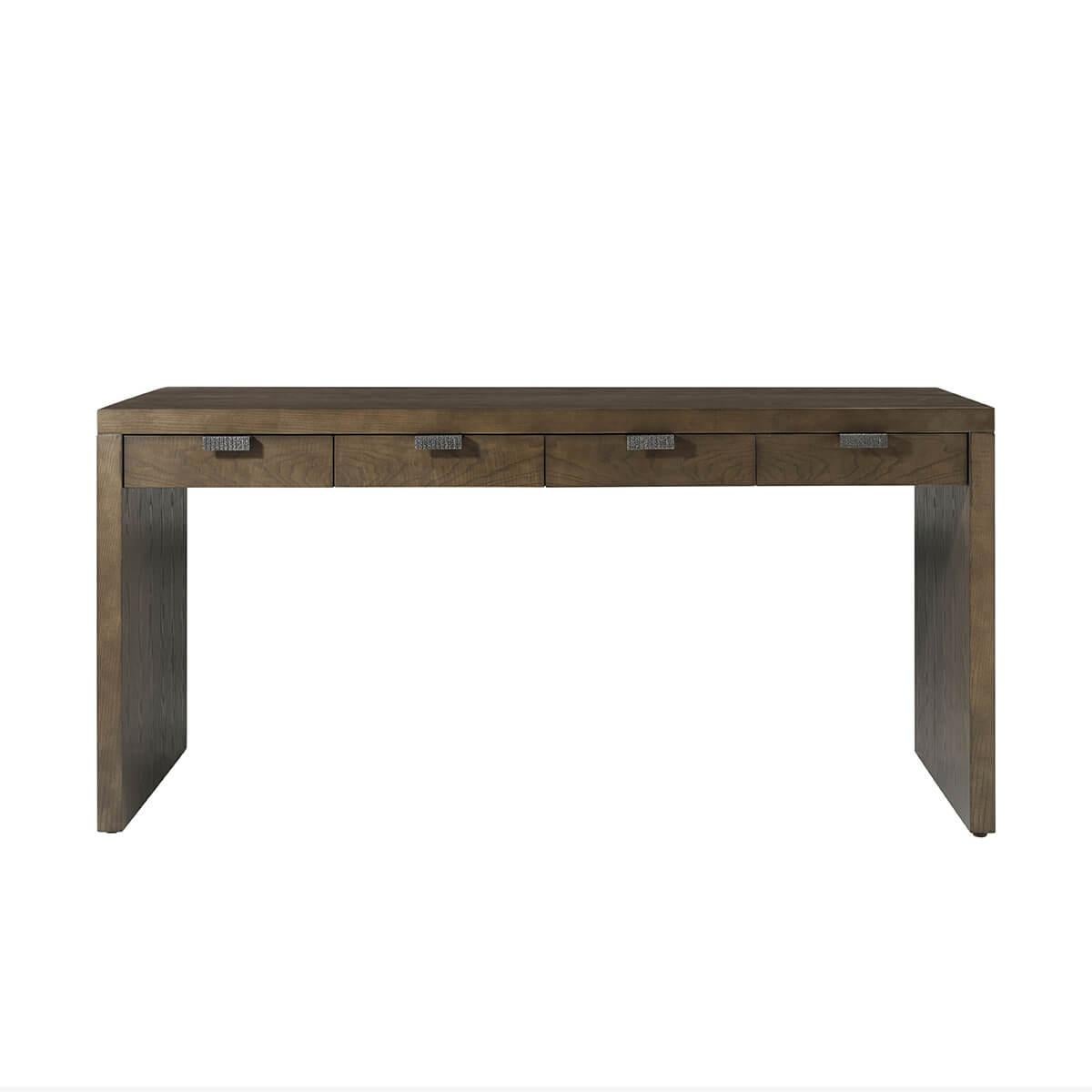 The desk makes a statement with its contemporary design and unique personality. Its metal pulls in an Ember finish and figured cathedral ash construction add elegance and set it apart. With stunning artful grain patterns and ample storage in four