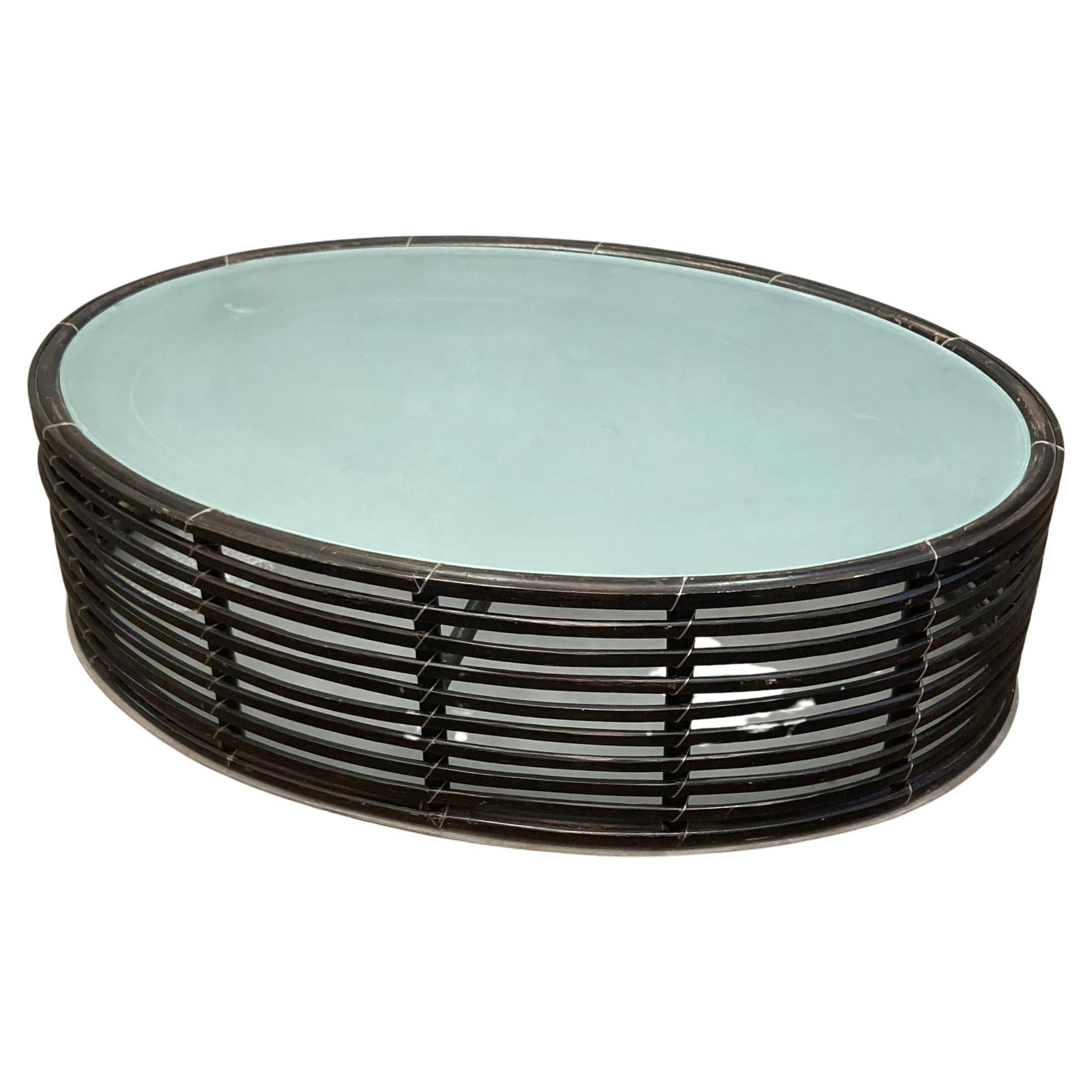 Dark Bamboo and Glass Oval Coffee Table For Sale