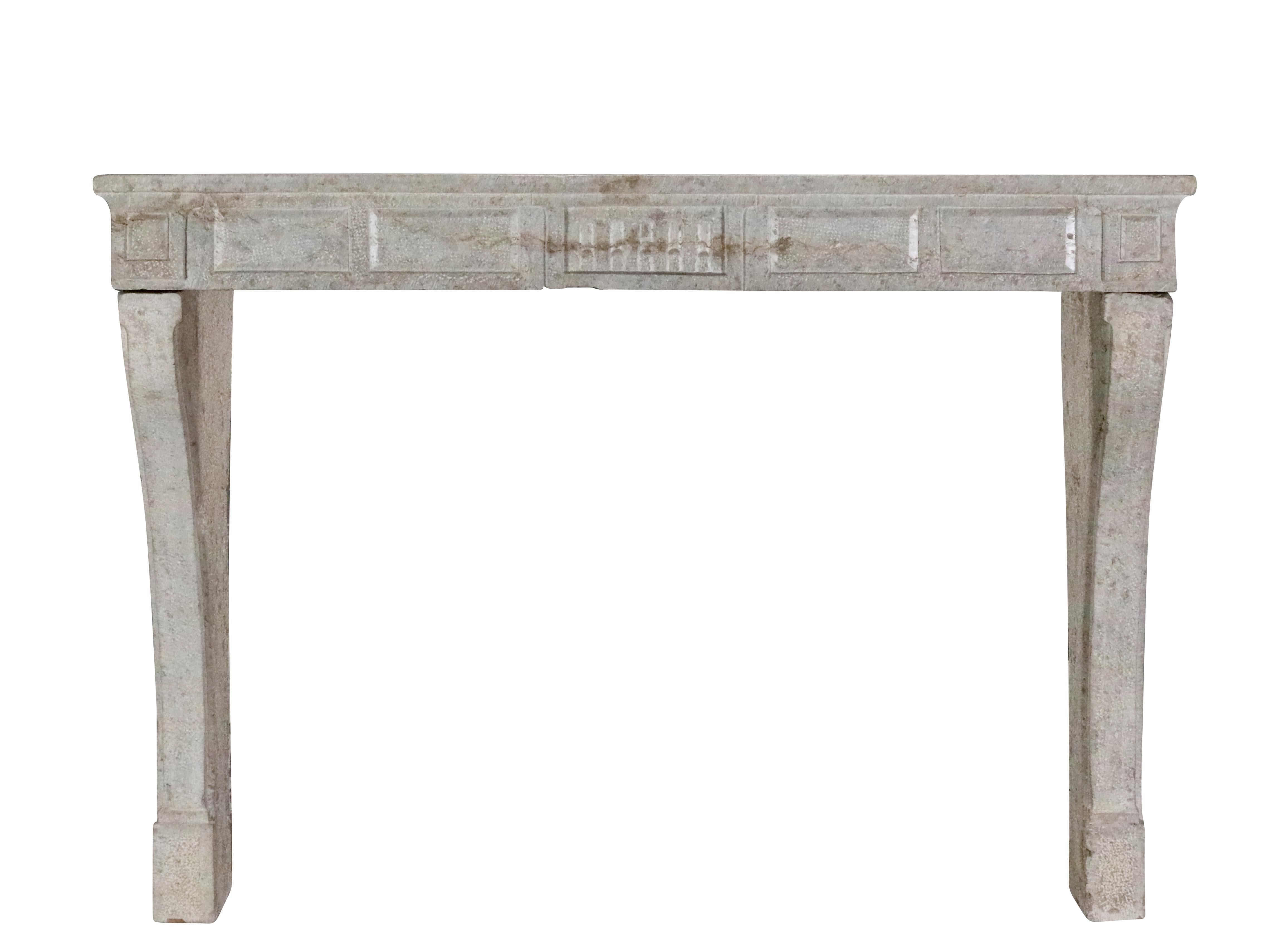 Hand-Carved Dark Beige Limestone Reclaimed French Fireplace For Modern Rustic Interior For Sale