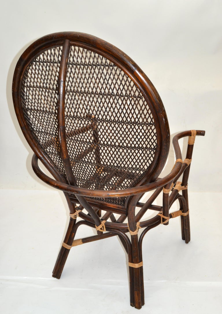 Dark Bent Bamboo and Cane Armchair Handwoven Wingback Chair Bohemian