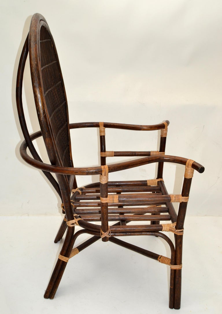 Dark Bent Bamboo and Cane Armchair Handwoven Wingback Chair Bohemian