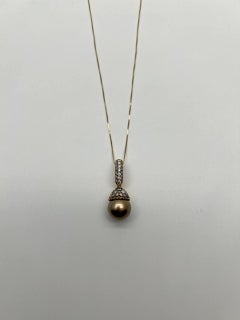 Dark Black Brown Pearl Champagne Cognac Diamond Pave 14K Gold Pendant Necklace