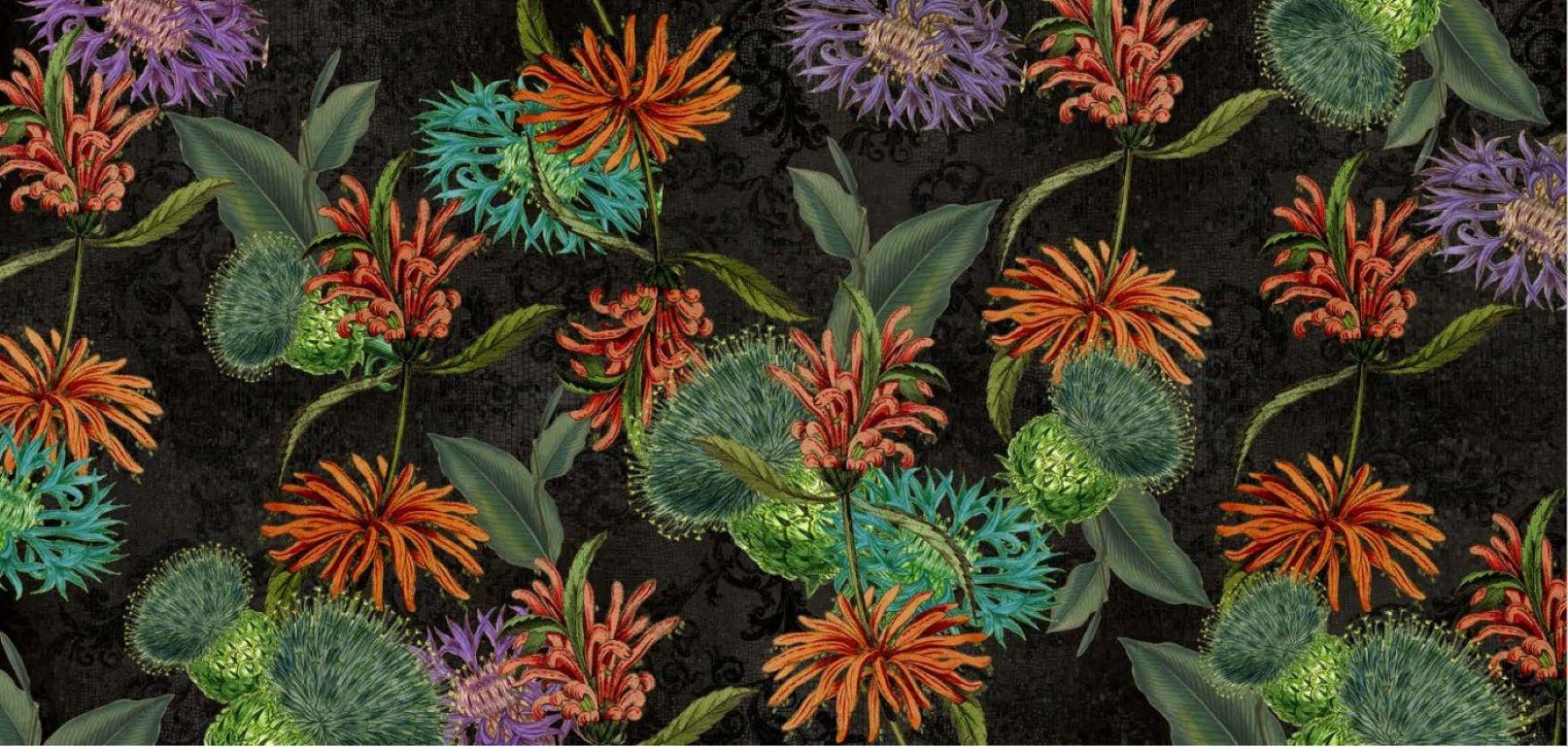 Italian Dark Bloom Rainbow  Wall Paper in Fabric also suitable for wet area  For Sale