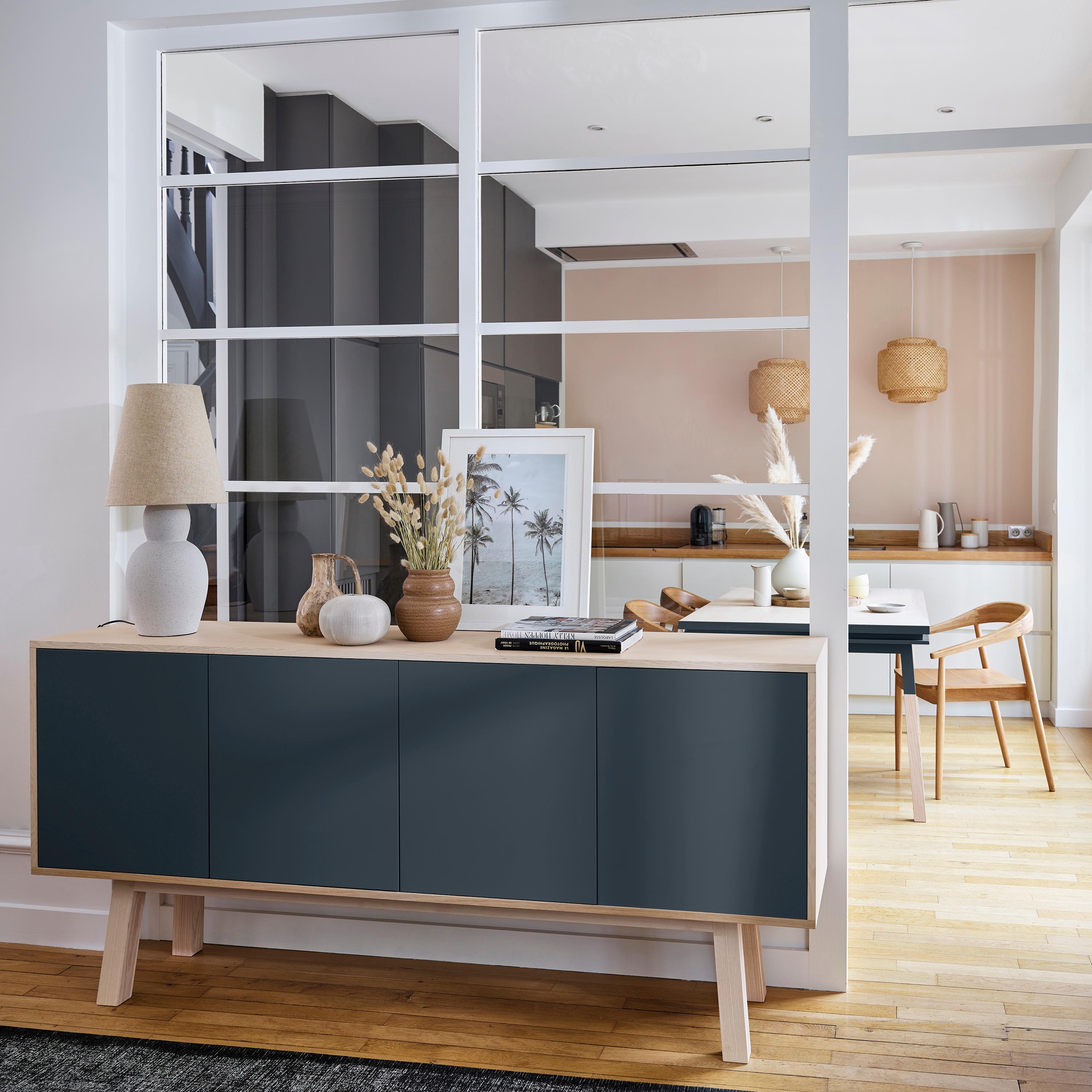 This 4 doors sideboard is designed by Eric Gizard - Paris and delivered fully mounted.

It is 100% made in France with solid ash wood for the base, feet and shelves. Veneer ash is used for the wooden bos box itself. The lacquered doors are made of