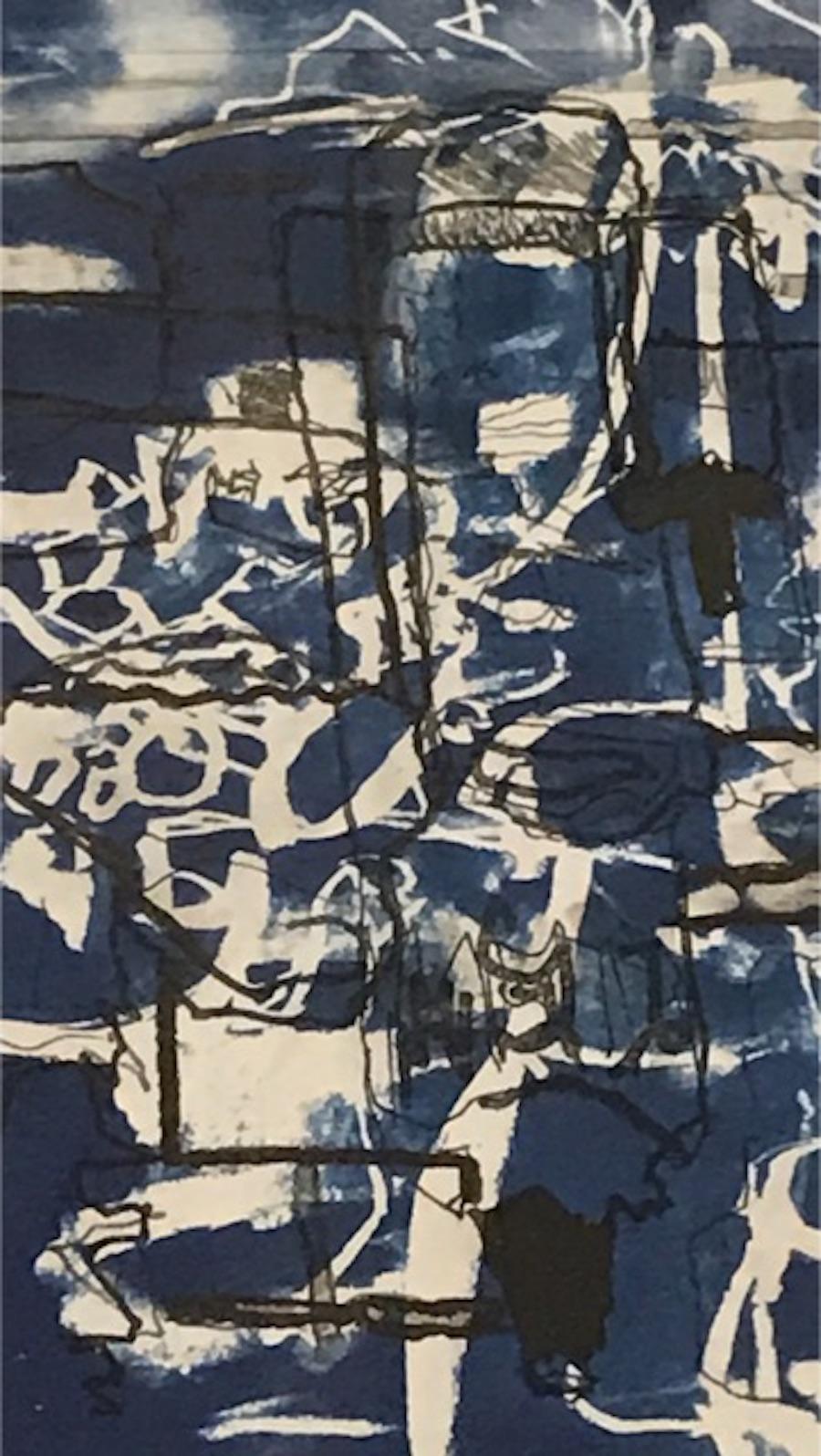 Contemporary American artist Sandra Constantine recreates the effect of an old architects blue print using the print type cyanotype developed by an English scientist, John Frederick William Herschel in 1842.
Cyanotype is made by coating paper with