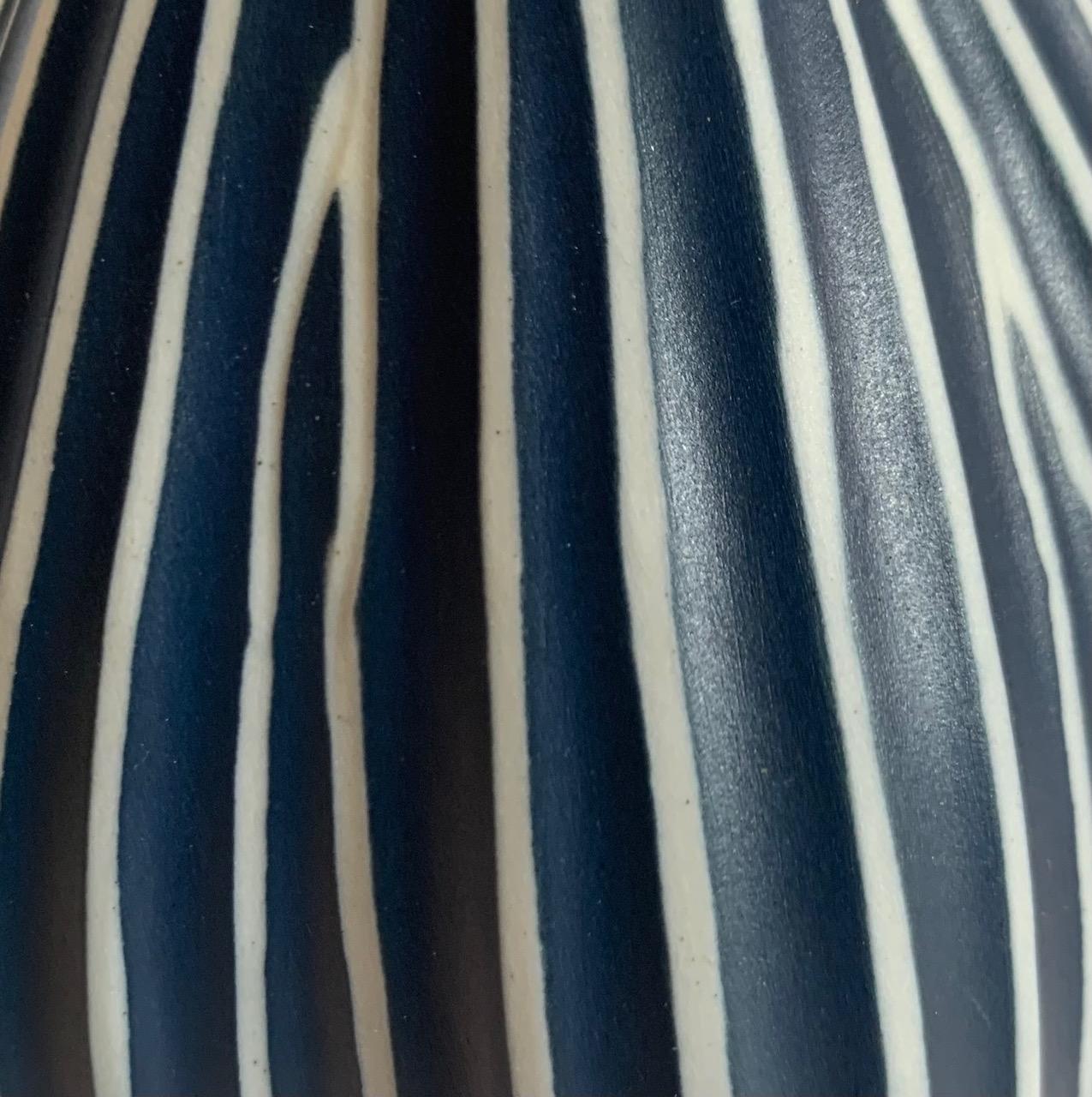 Ceramic Dark Blue and White Striped Lotus Shape Small Vase, Thailand, Contemporary