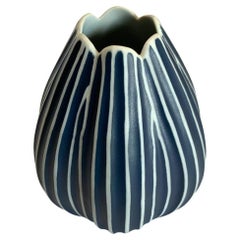 Dark Blue and White Striped Lotus Shape Small Vase, Thailand, Contemporary