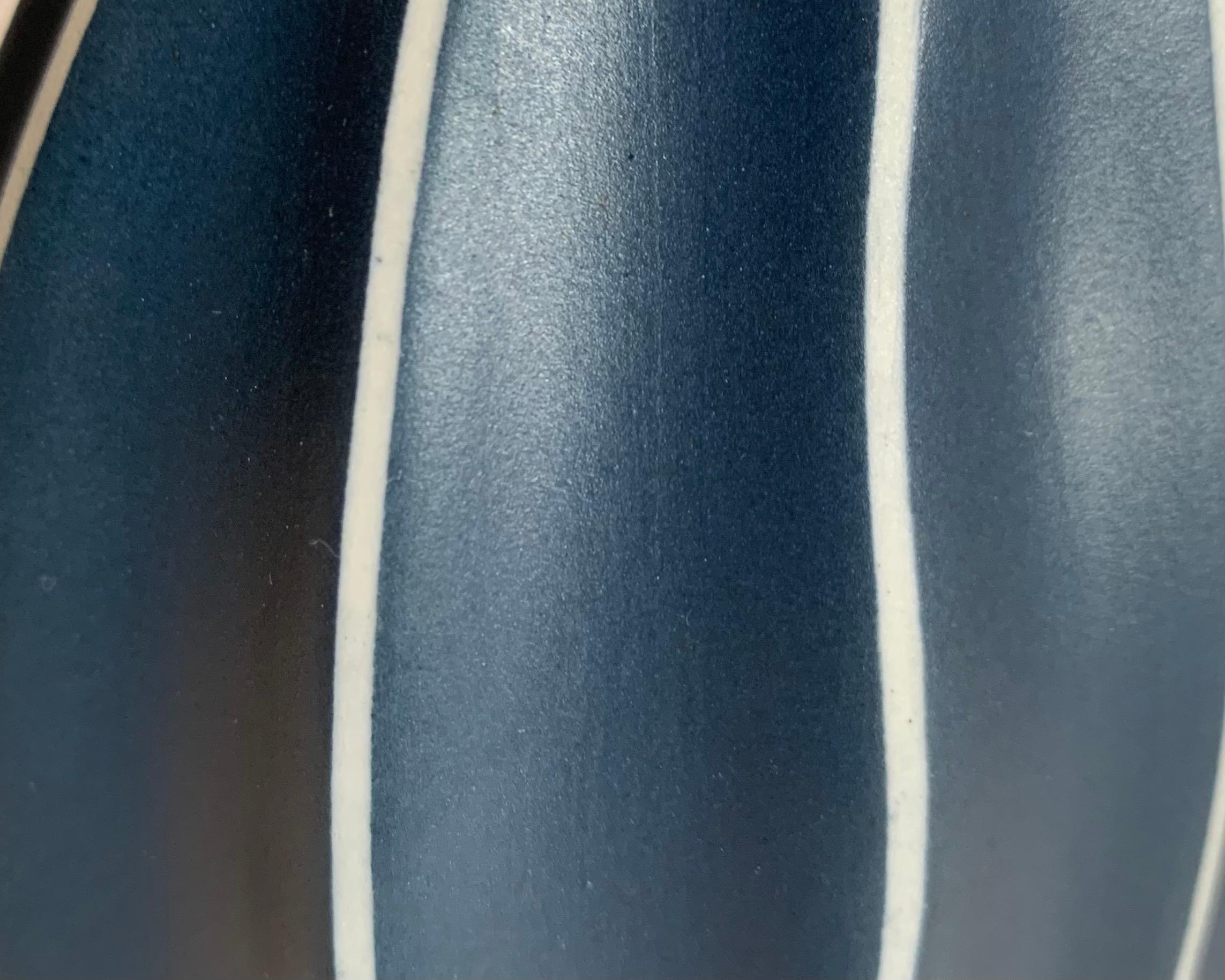Ceramic Dark Blue and White Striped Slanted Opening Vase, Thailand, Contemporary