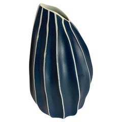 Dark Blue and White Striped Slanted Opening Vase, Thailand, Contemporary