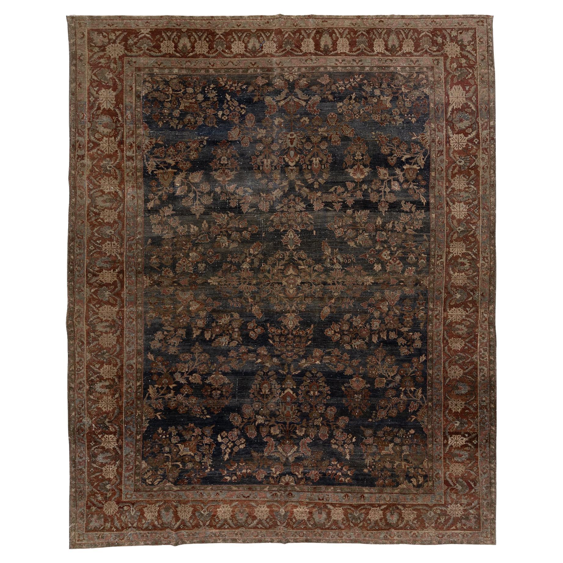 Dark Blue Antique Persian Sarouk Rug For Sale