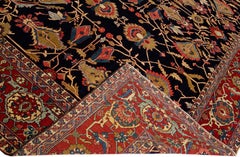 Dark Blue Antique Persian Serapi Handmade Allover Motif Wool Rug