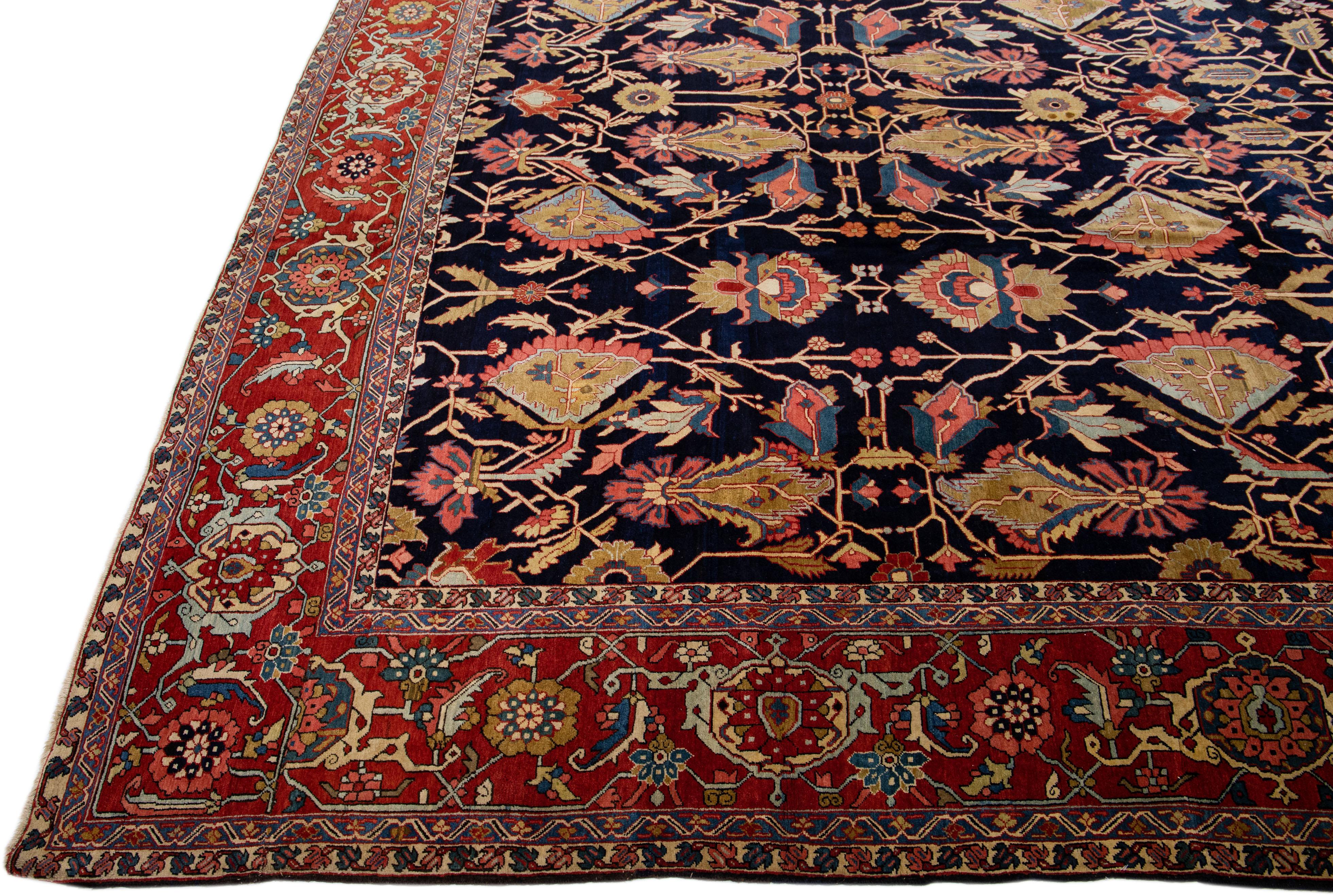 Hand-Knotted Dark Blue Antique Persian Serapi Handmade Allover Motif Wool Rug For Sale