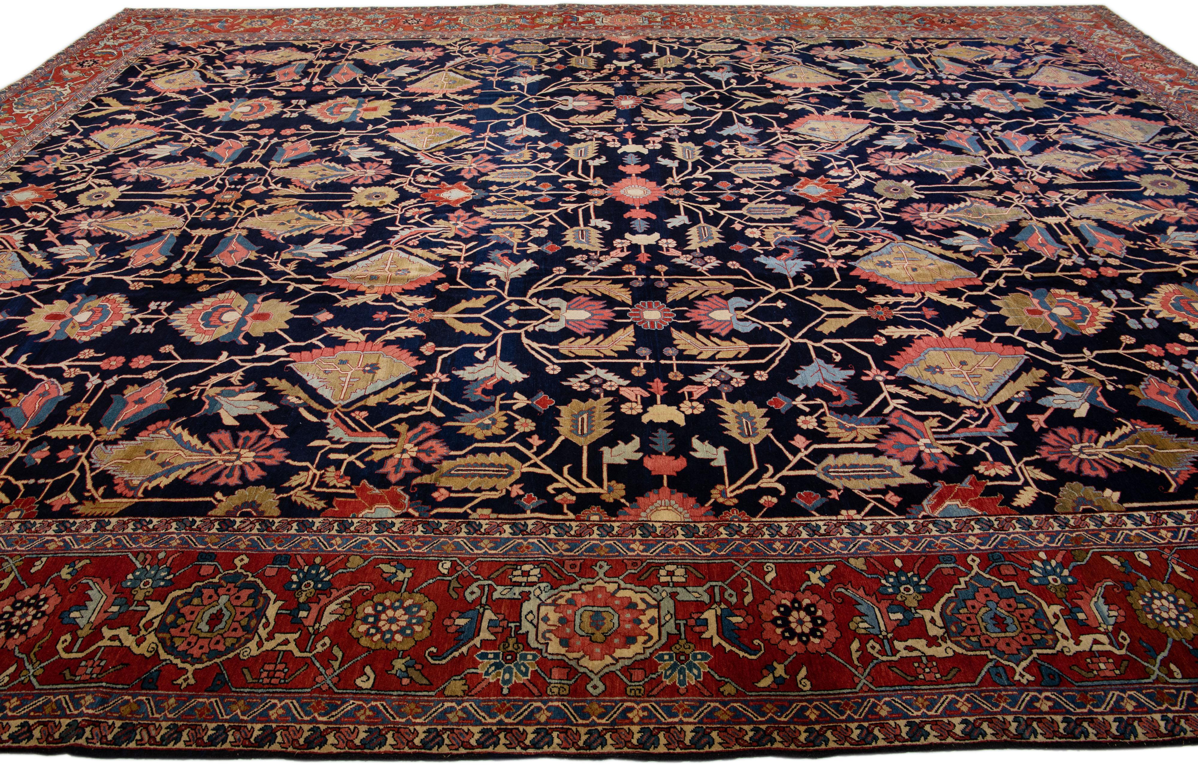 Late 19th Century Dark Blue Antique Persian Serapi Handmade Allover Motif Wool Rug For Sale