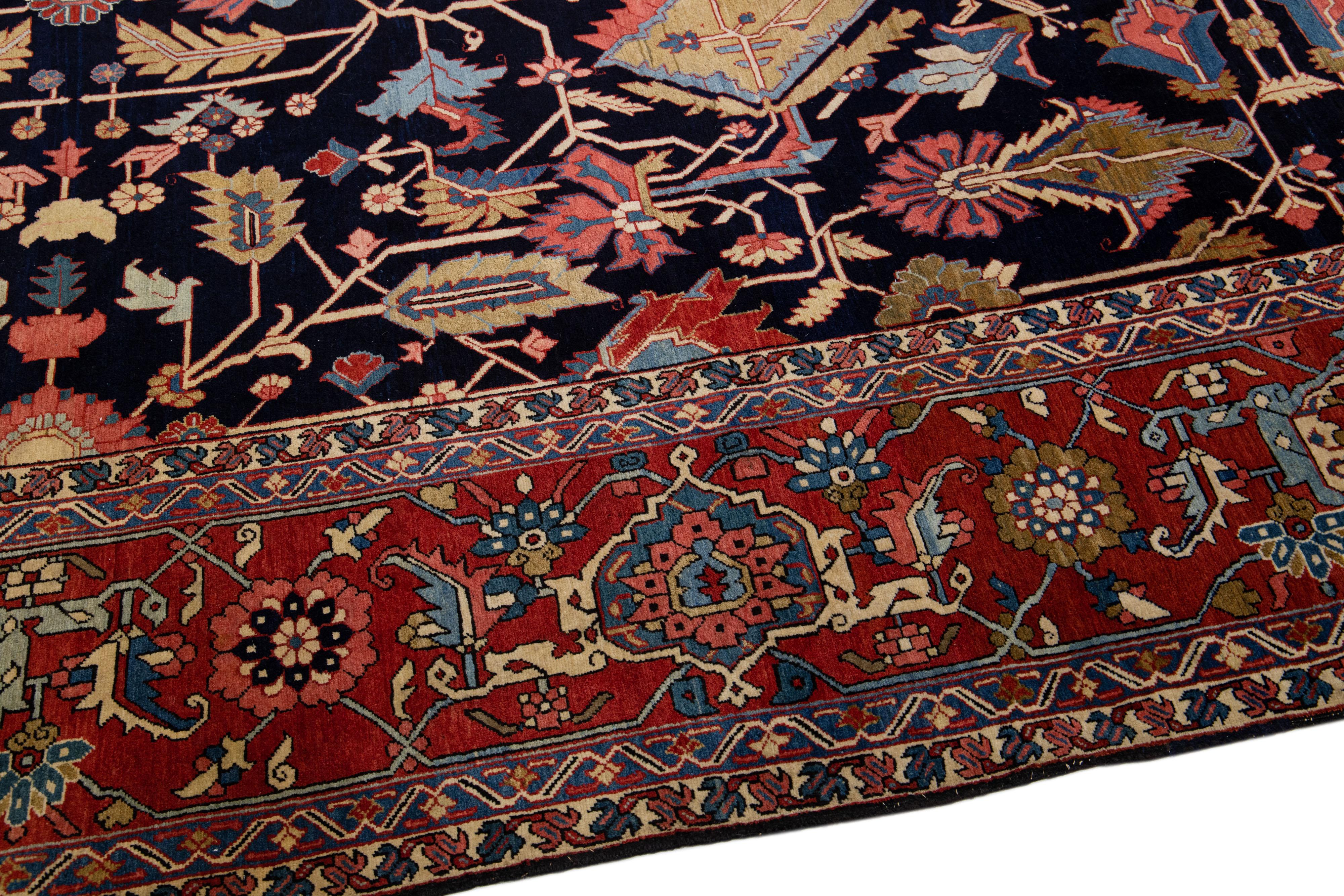 Dark Blue Antique Persian Serapi Handmade Allover Motif Wool Rug For Sale 1