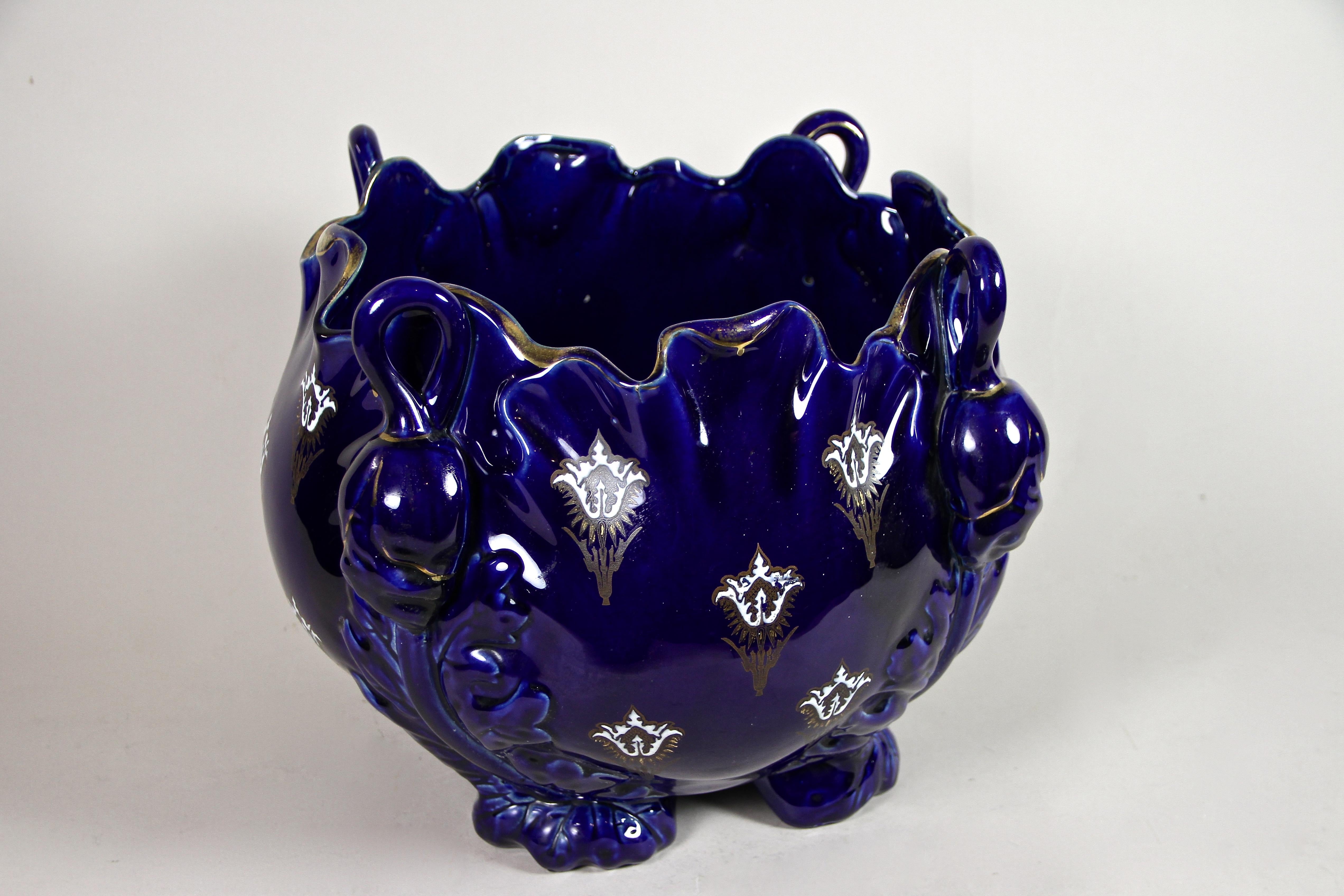 Dark Blue Art Nouveau Ceramic Cachepot by K&G Luneville, France, circa 1915 4