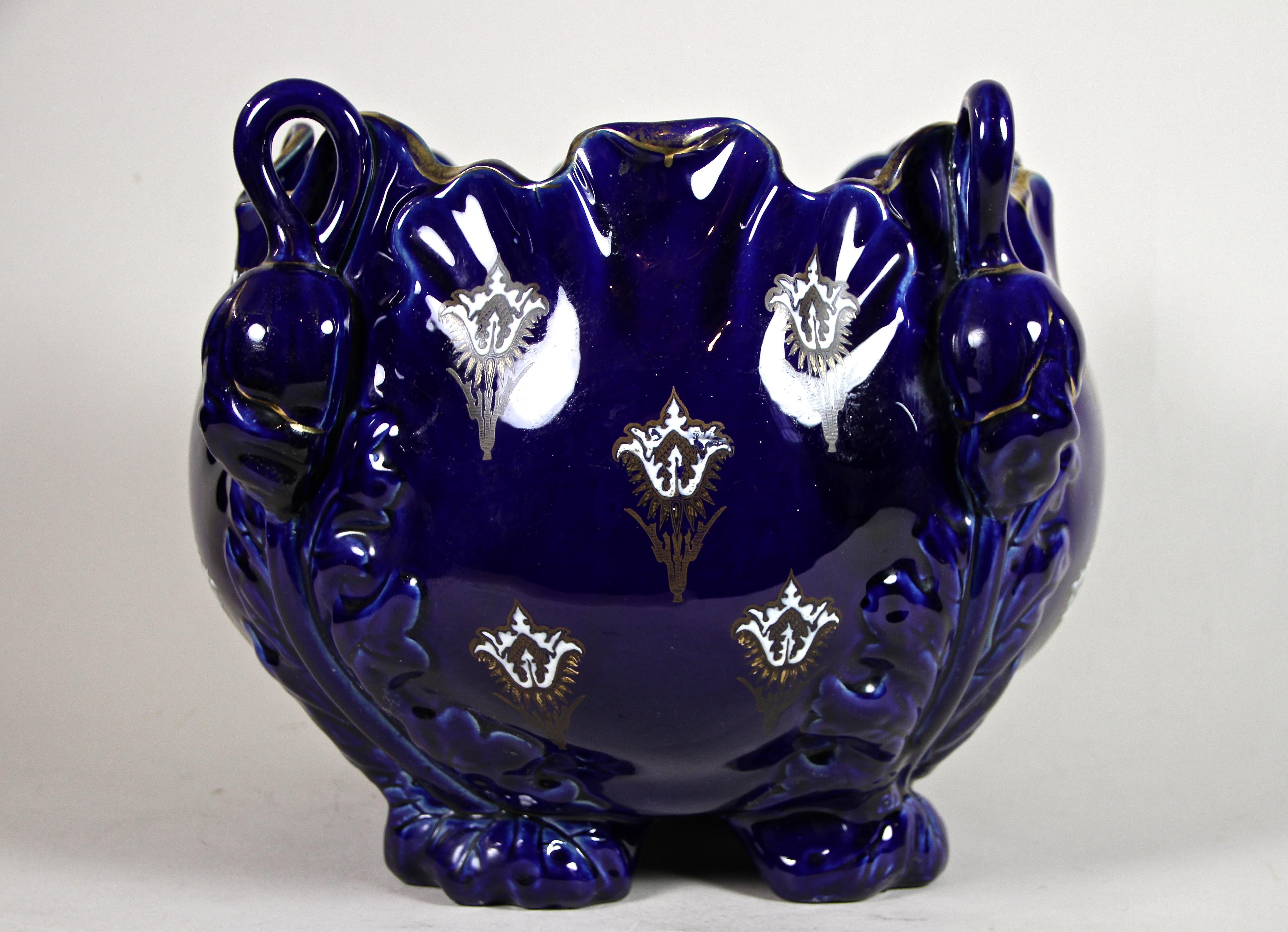 Dark Blue Art Nouveau Ceramic Cachepot by K&G Luneville, France, circa 1915 5