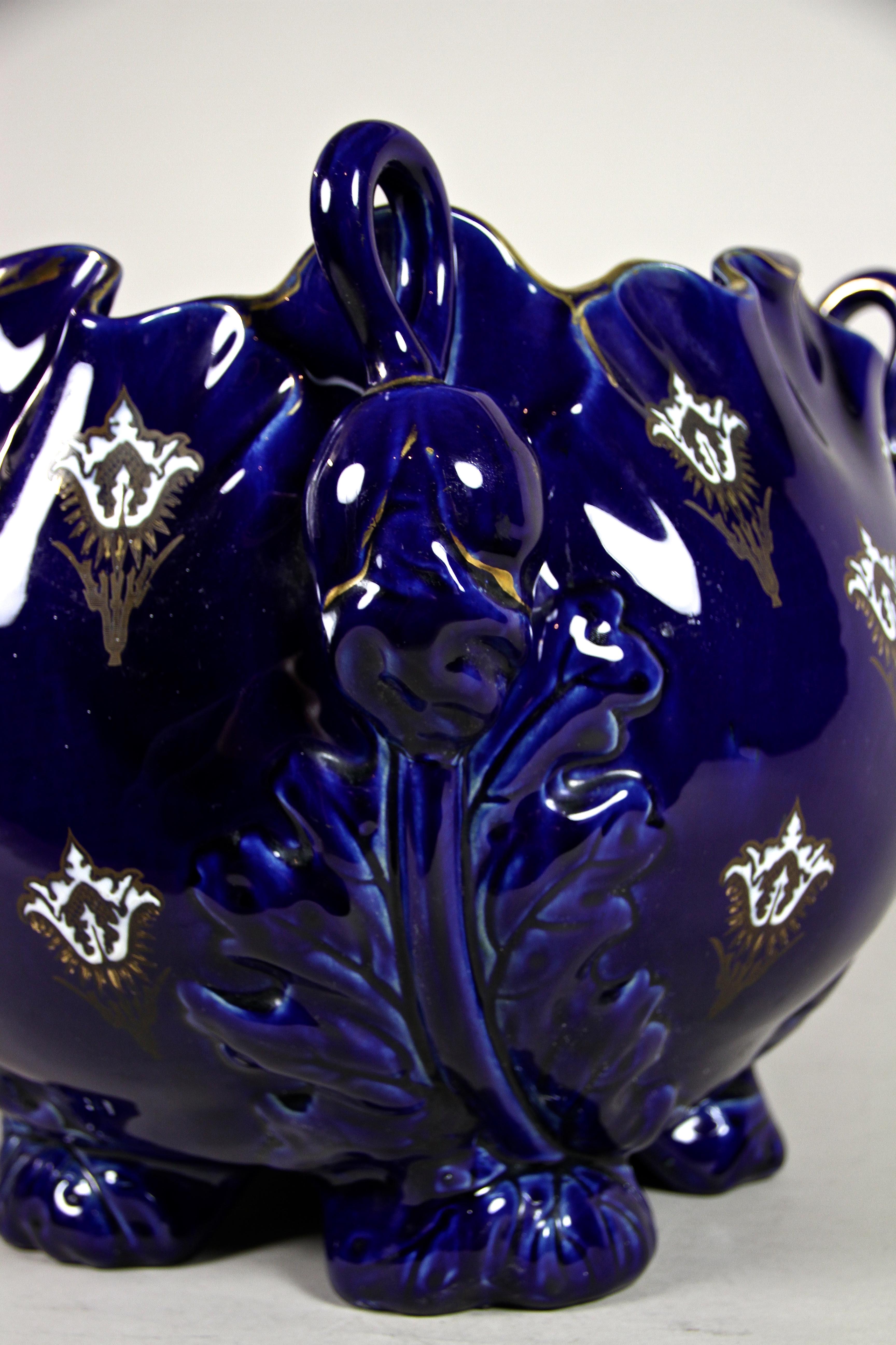 Dark Blue Art Nouveau Ceramic Cachepot by K&G Luneville, France, circa 1915 7