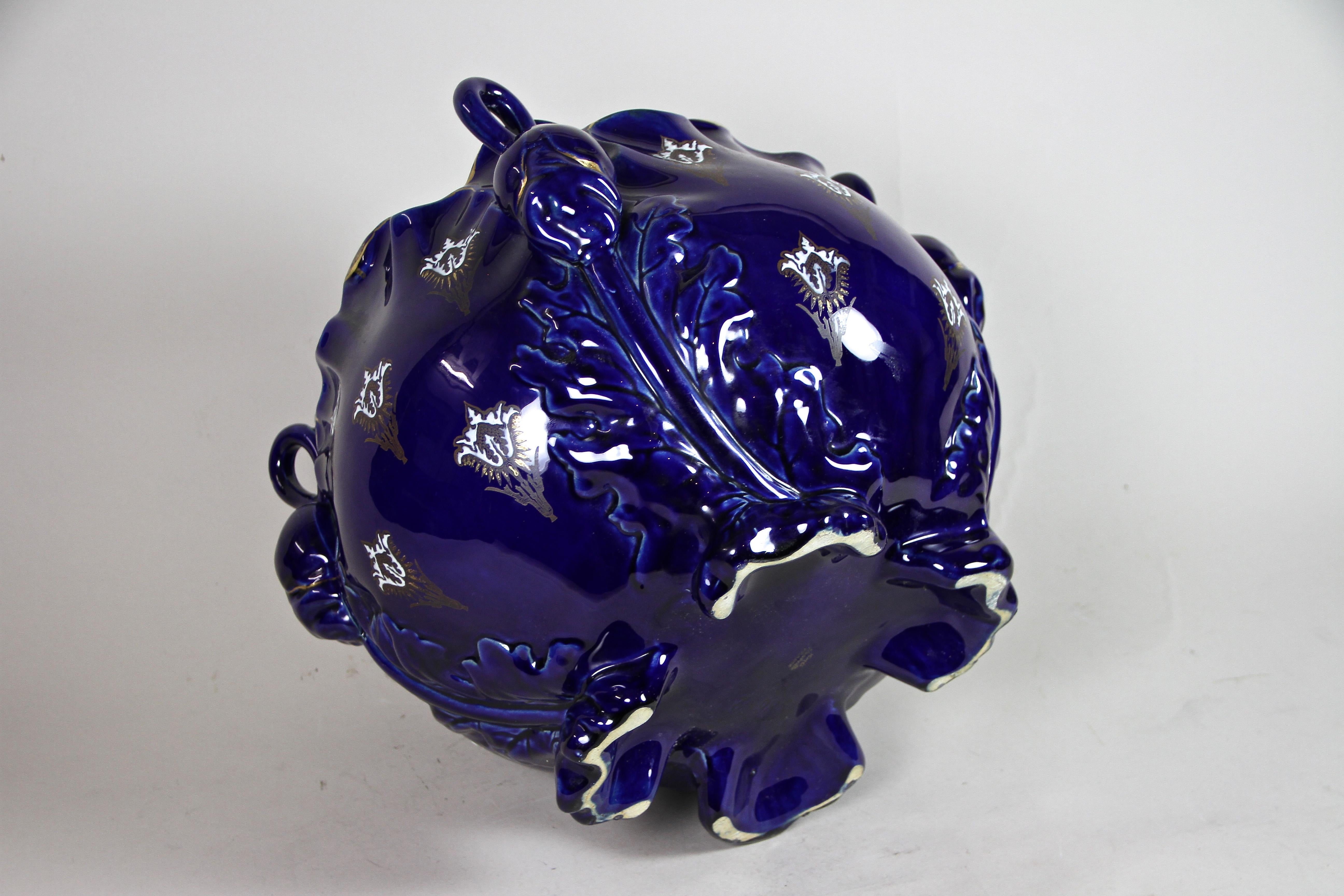 Dark Blue Art Nouveau Ceramic Cachepot by K&G Luneville, France, circa 1915 9