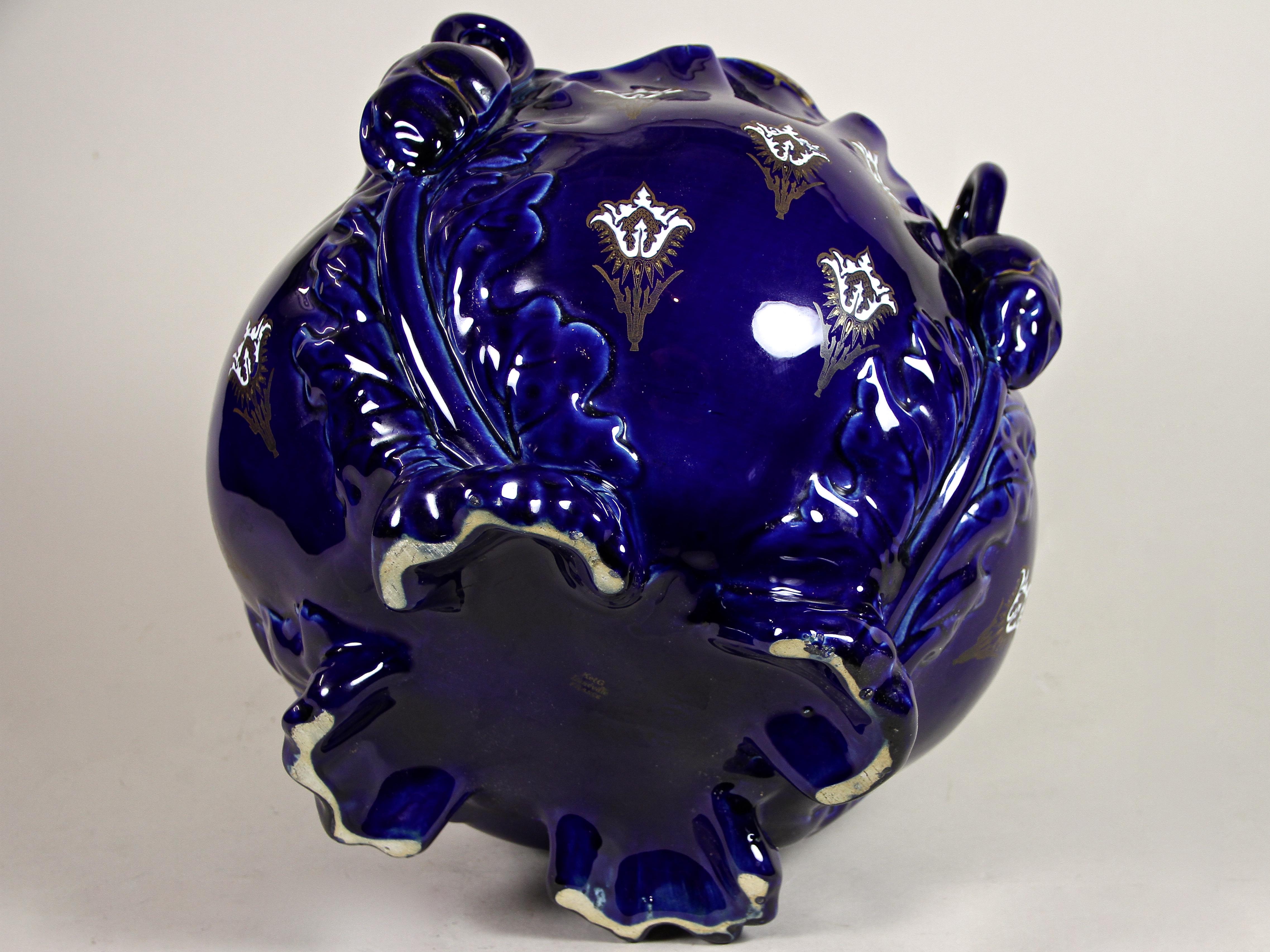 Dark Blue Art Nouveau Ceramic Cachepot by K&G Luneville, France, circa 1915 11