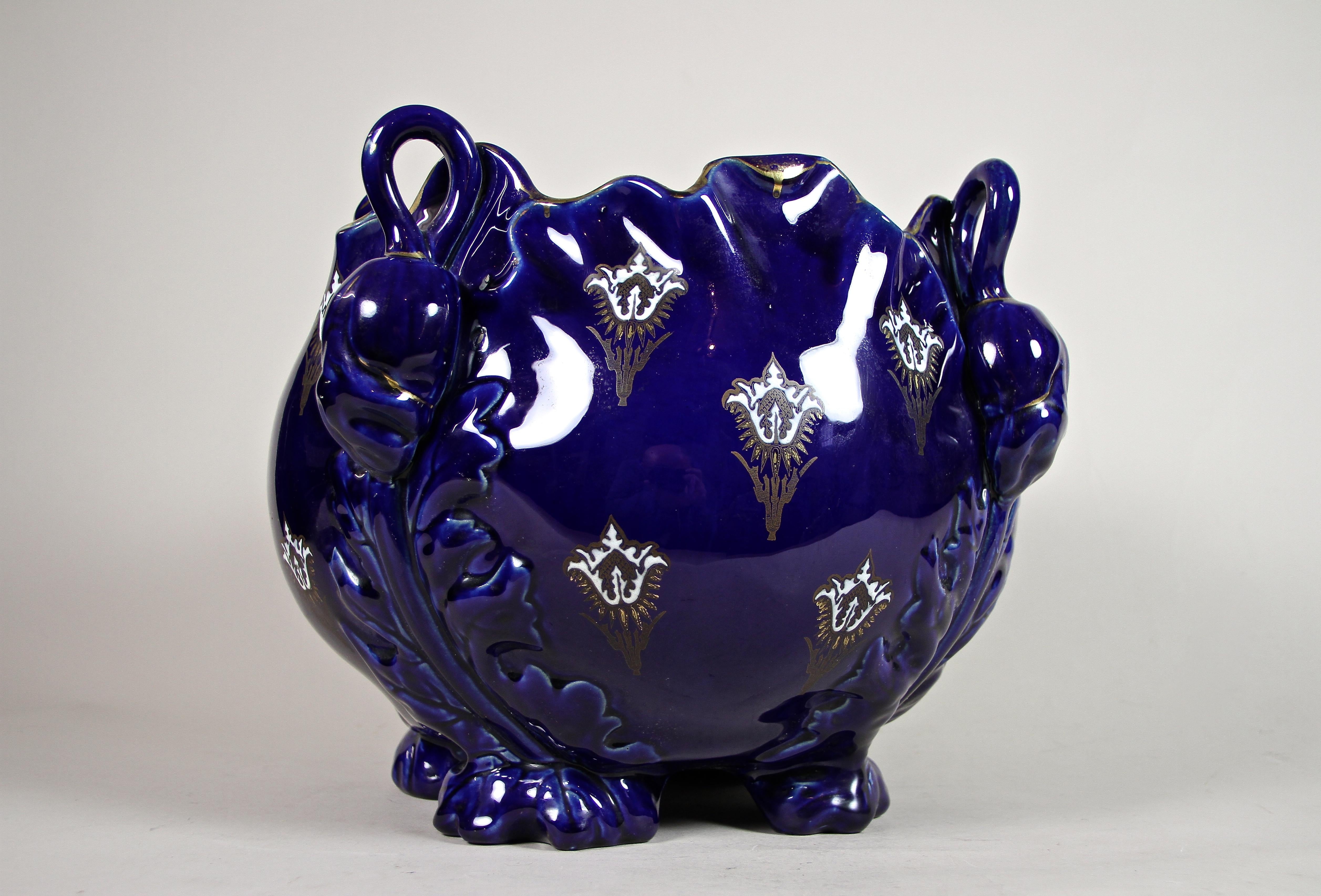 Dark Blue Art Nouveau Ceramic Cachepot by K&G Luneville, France, circa 1915 1