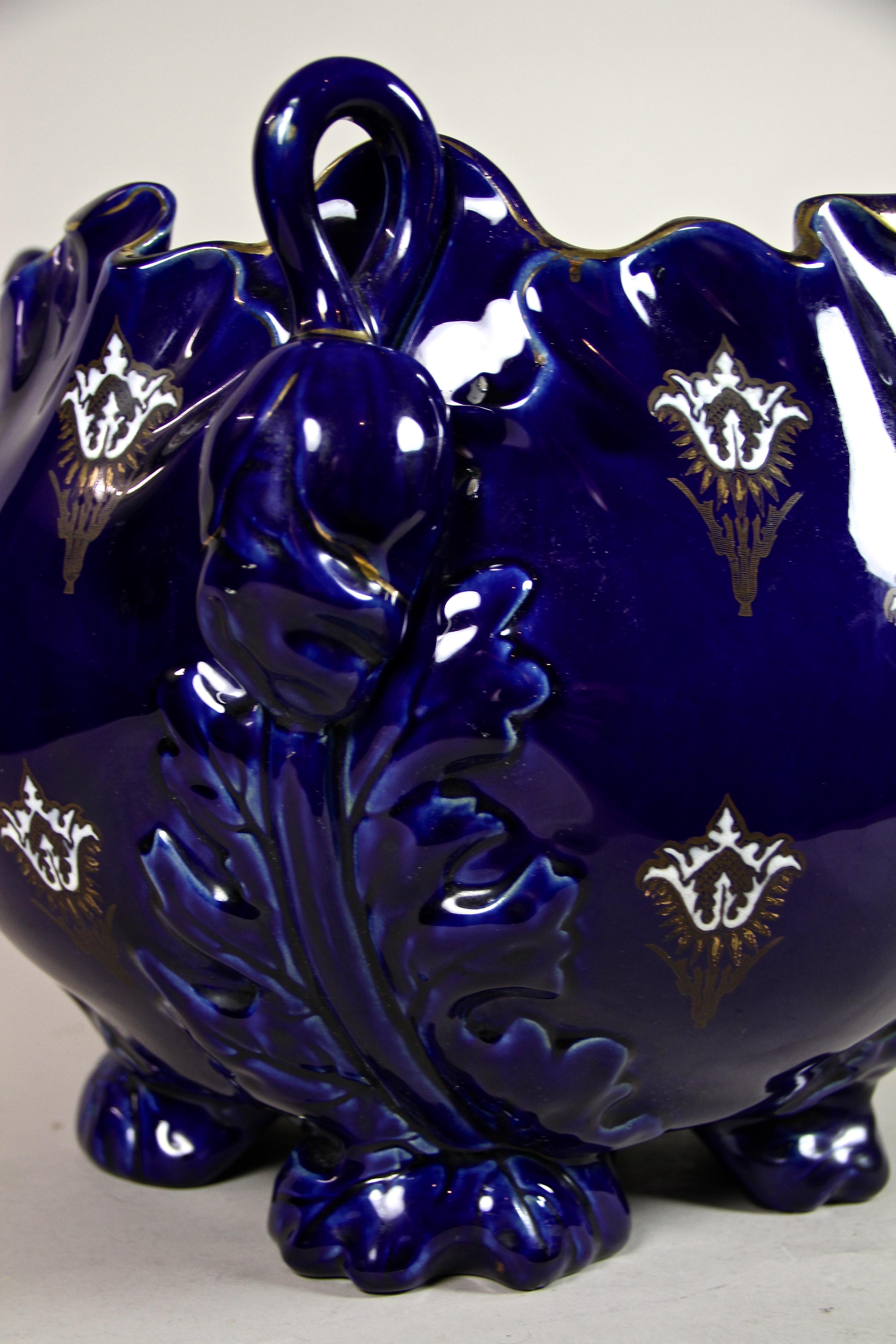 Dark Blue Art Nouveau Ceramic Cachepot by K&G Luneville, France, circa 1915 2
