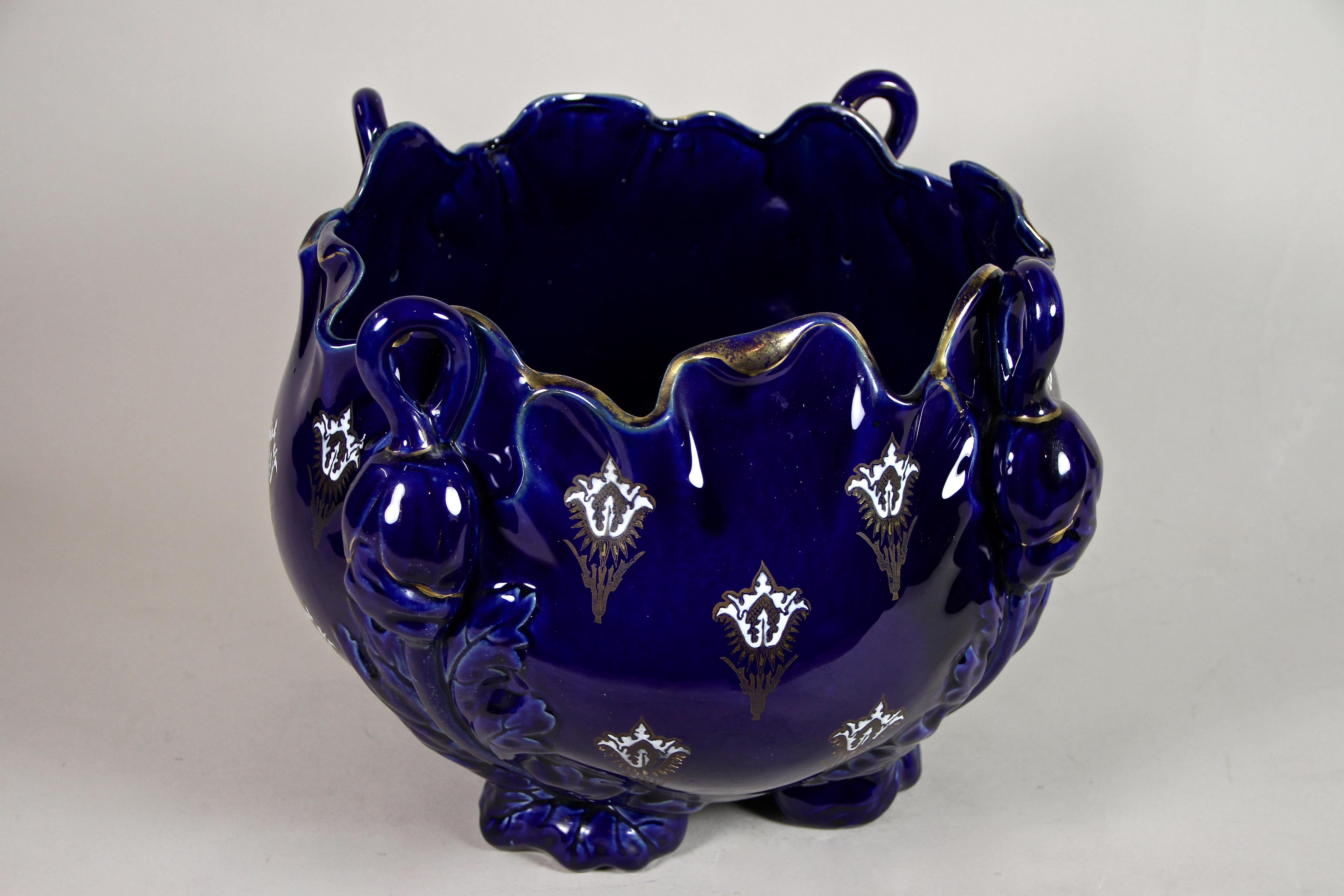 Dark Blue Art Nouveau Ceramic Cachepot by K&G Luneville, France, circa 1915 3