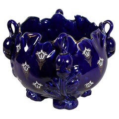Dark Blue Art Nouveau Ceramic Cachepot by K&G Luneville, France, circa 1915