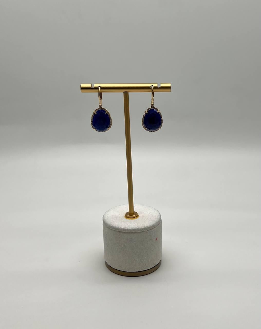 Dark Blue Azurite Bezel Set Diamond Halo 14K Gold Statement Earrings For Sale 6