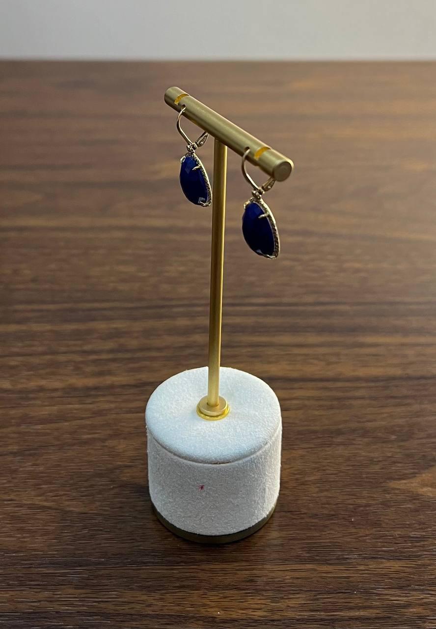 Dark Blue Azurite Bezel Set Diamond Halo 14K Gold Statement Earrings In New Condition For Sale In Oakton, VA