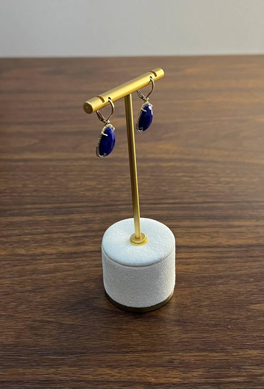 Women's Dark Blue Azurite Bezel Set Diamond Halo 14K Gold Statement Earrings For Sale