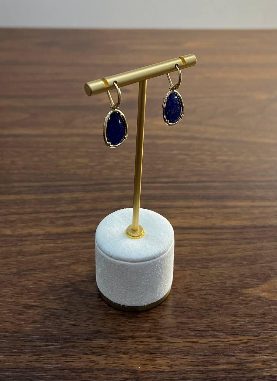 Dark Blue Azurite Bezel Set Diamond Halo 14K Gold Statement Earrings For Sale 1