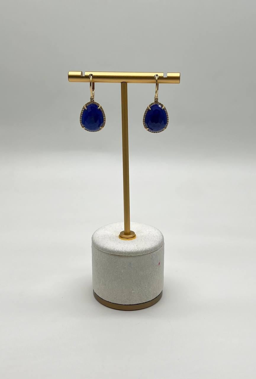 Dark Blue Azurite Bezel Set Diamond Halo 14K Gold Statement Earrings For Sale 2