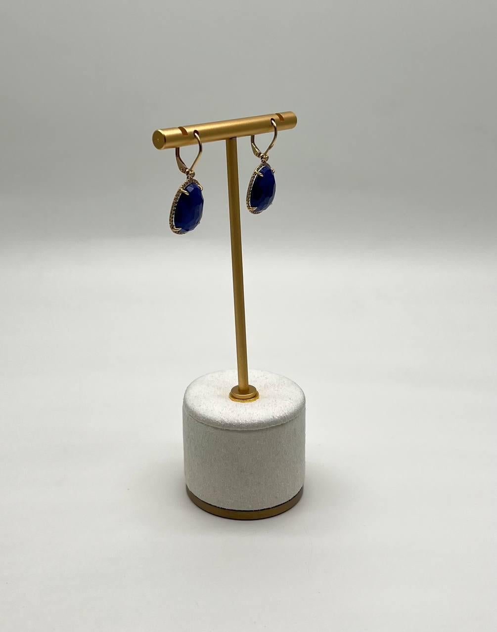 Dark Blue Azurite Bezel Set Diamond Halo 14K Gold Statement Earrings For Sale 4