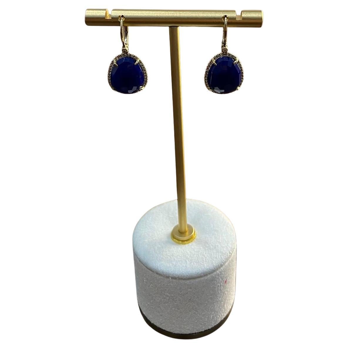 Dark Blue Azurite Bezel Set Diamond Halo 14K Gold Statement Earrings