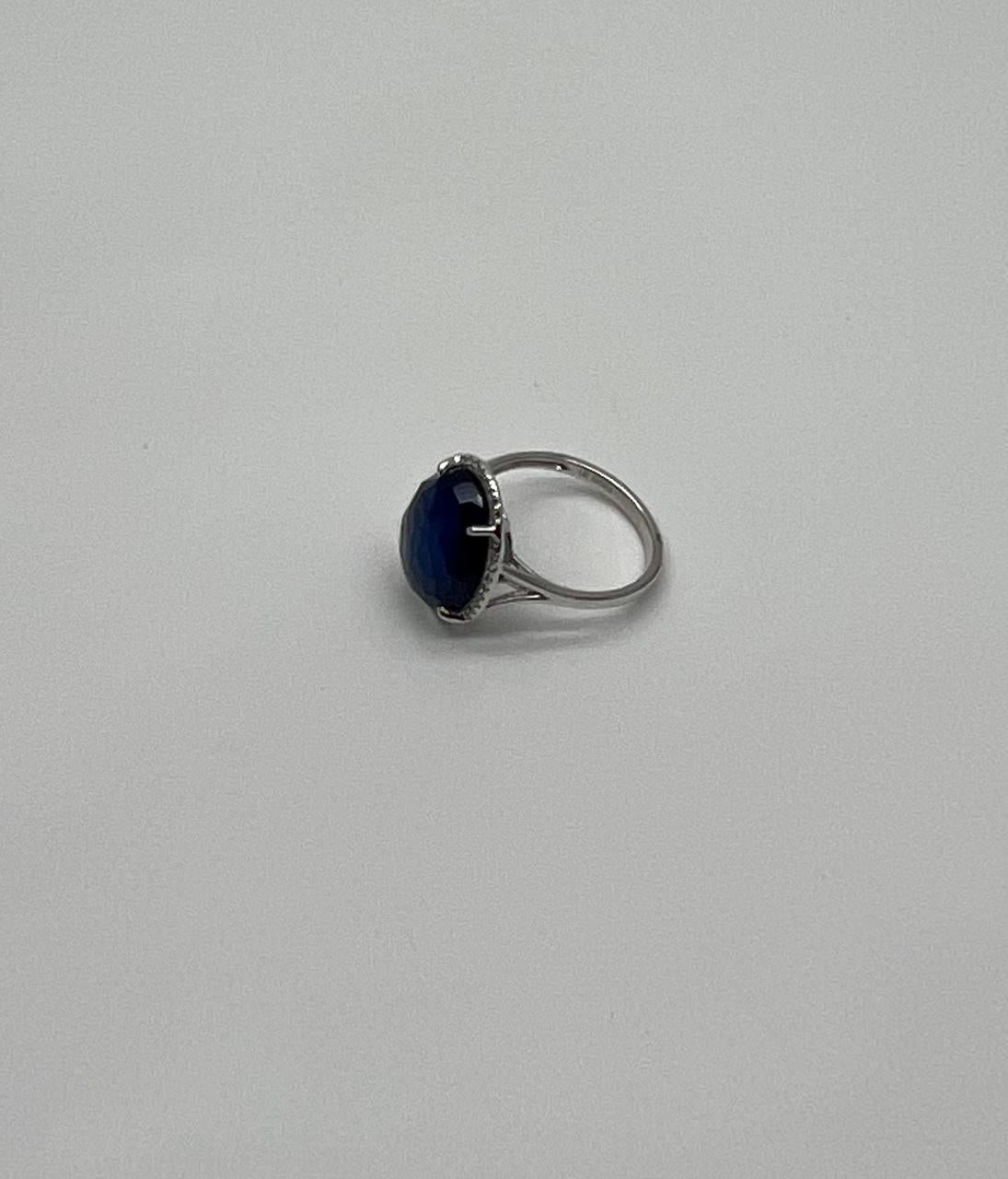 Dark Blue Azurite Bezel Set Diamond Halo 14K White Gold Statement Ring For Sale 6