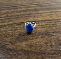 Dark Blue Azurite Bezel Set Diamond Halo 14K White Gold Statement Ring