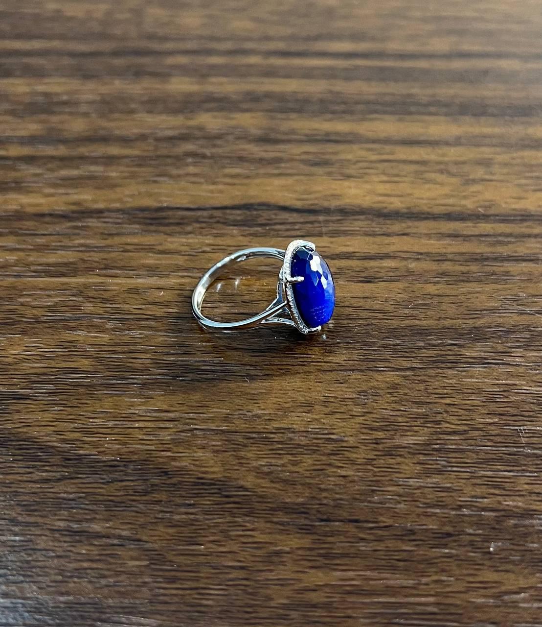 Mixed Cut Dark Blue Azurite Bezel Set Diamond Halo 14K White Gold Statement Ring For Sale