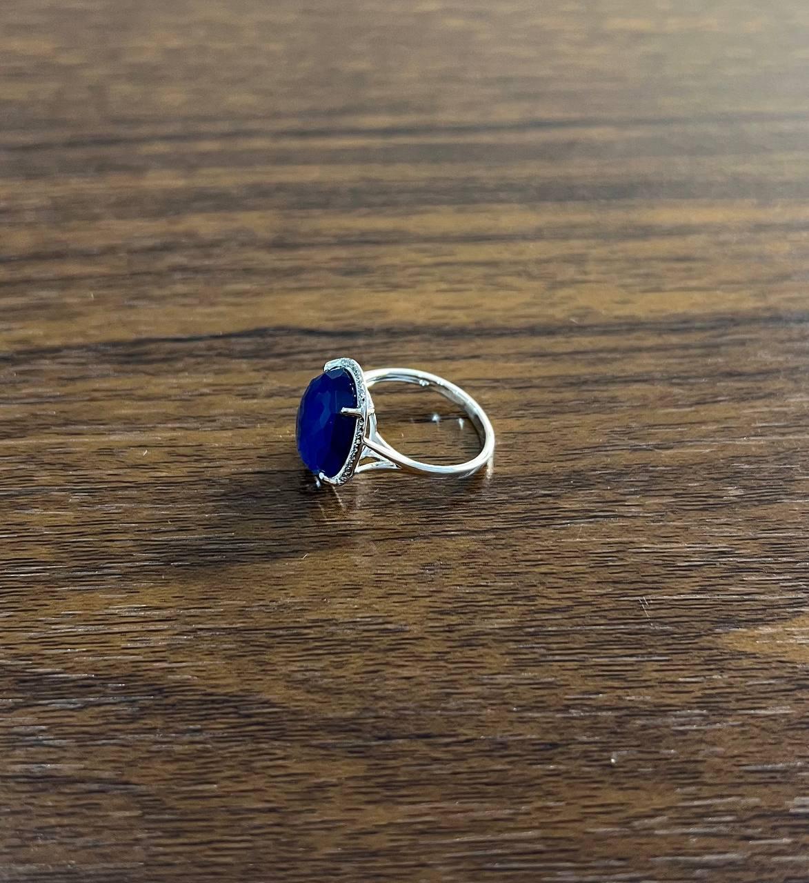 Dark Blue Azurite Bezel Set Diamond Halo 14K White Gold Statement Ring In New Condition For Sale In Oakton, VA
