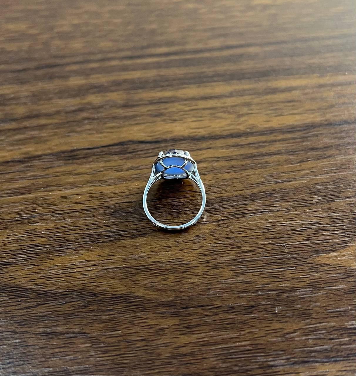 Women's Dark Blue Azurite Bezel Set Diamond Halo 14K White Gold Statement Ring For Sale