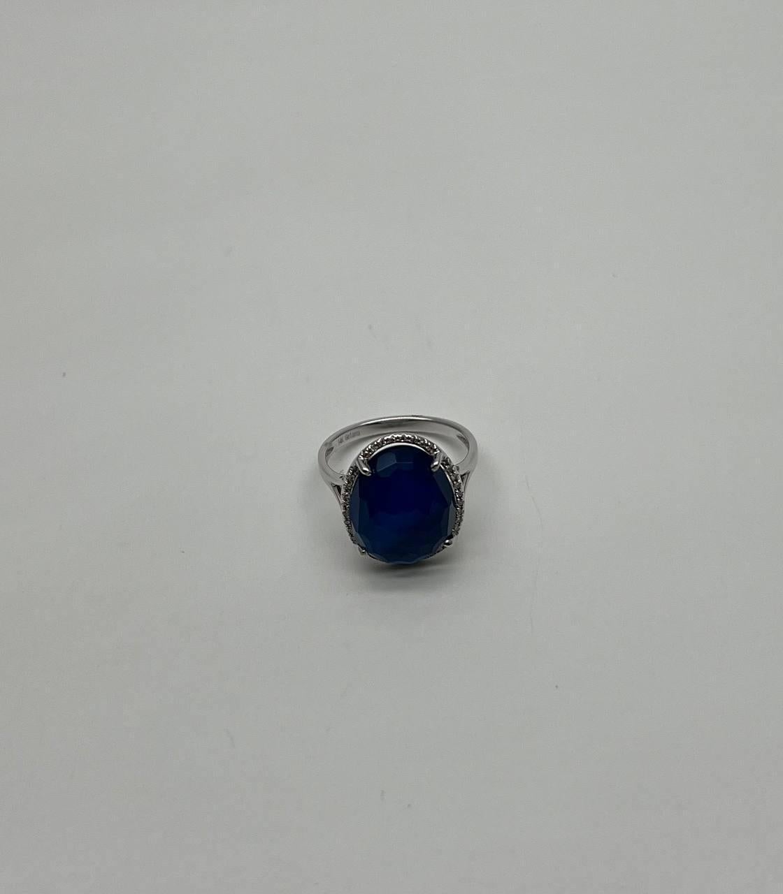Dark Blue Azurite Bezel Set Diamond Halo 14K White Gold Statement Ring For Sale 1