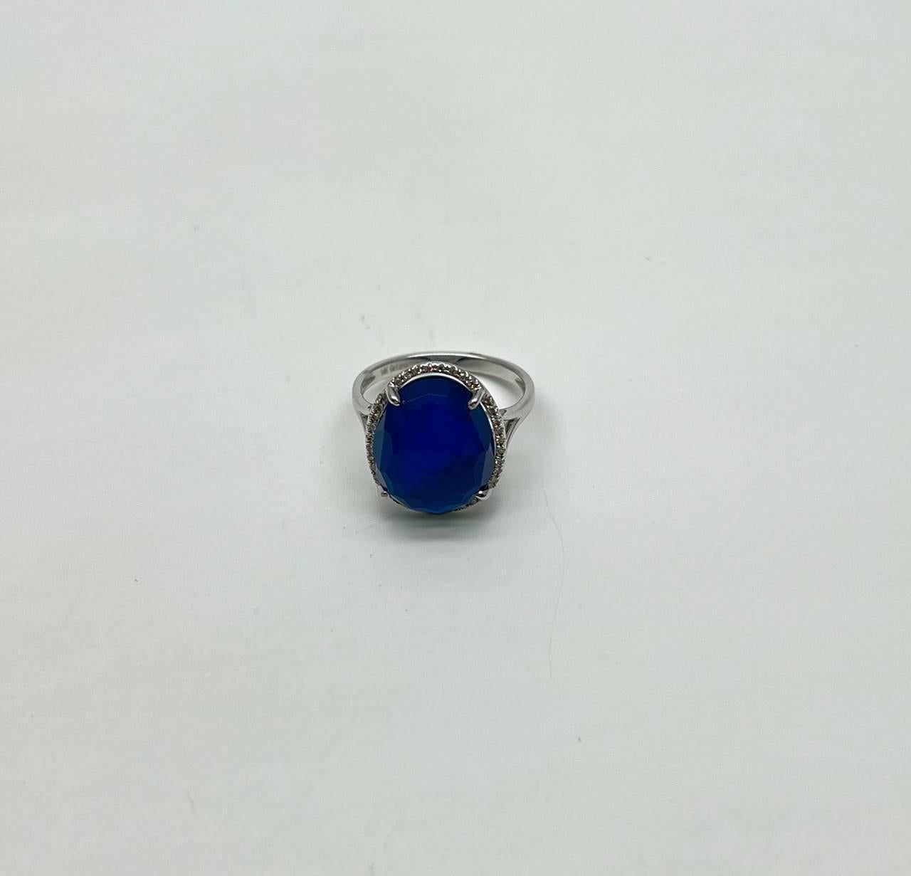 Dark Blue Azurite Bezel Set Diamond Halo 14K White Gold Statement Ring For Sale 3