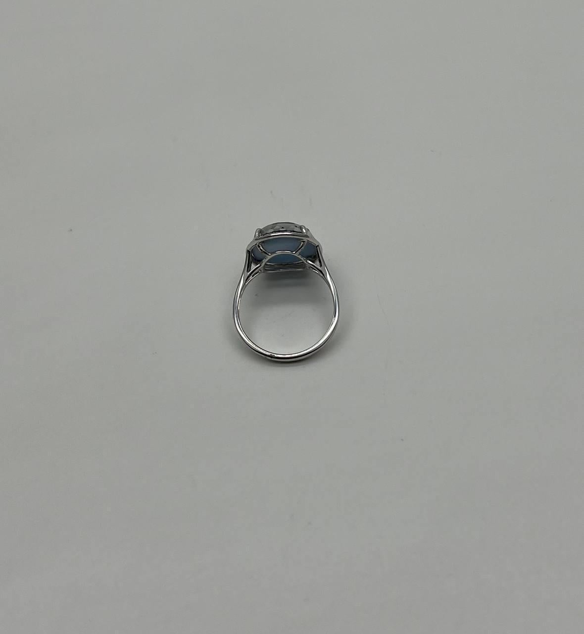 Dark Blue Azurite Bezel Set Diamond Halo 14K White Gold Statement Ring For Sale 4