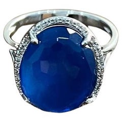 Dark Blue Azurite Bezel Set Diamond Halo 14K White Gold Statement Ring