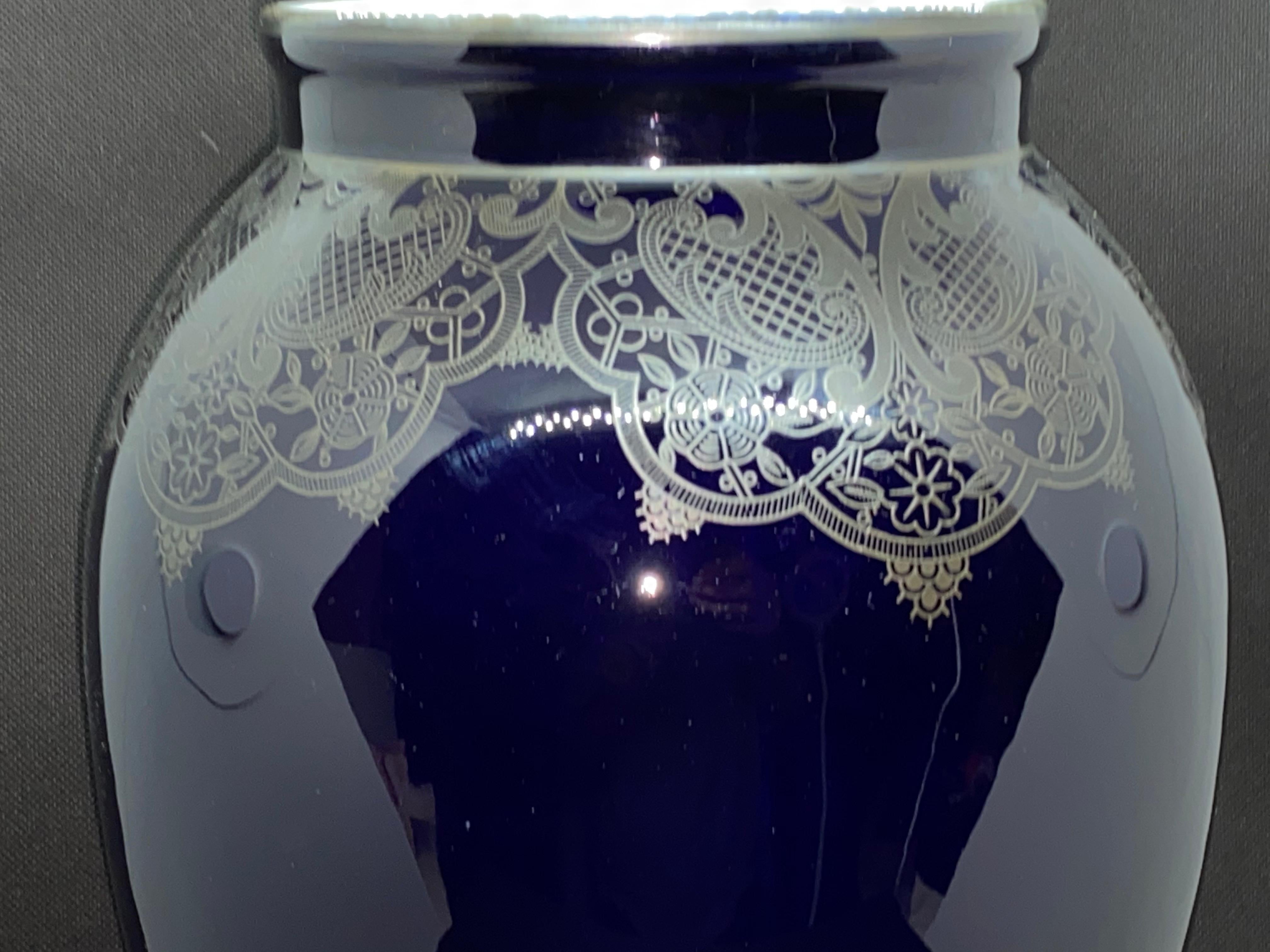Mid-Century Modern Dark Blue Colored Silver Overlay Vase by Hutschenreuther Hohenberg German, 1930s For Sale