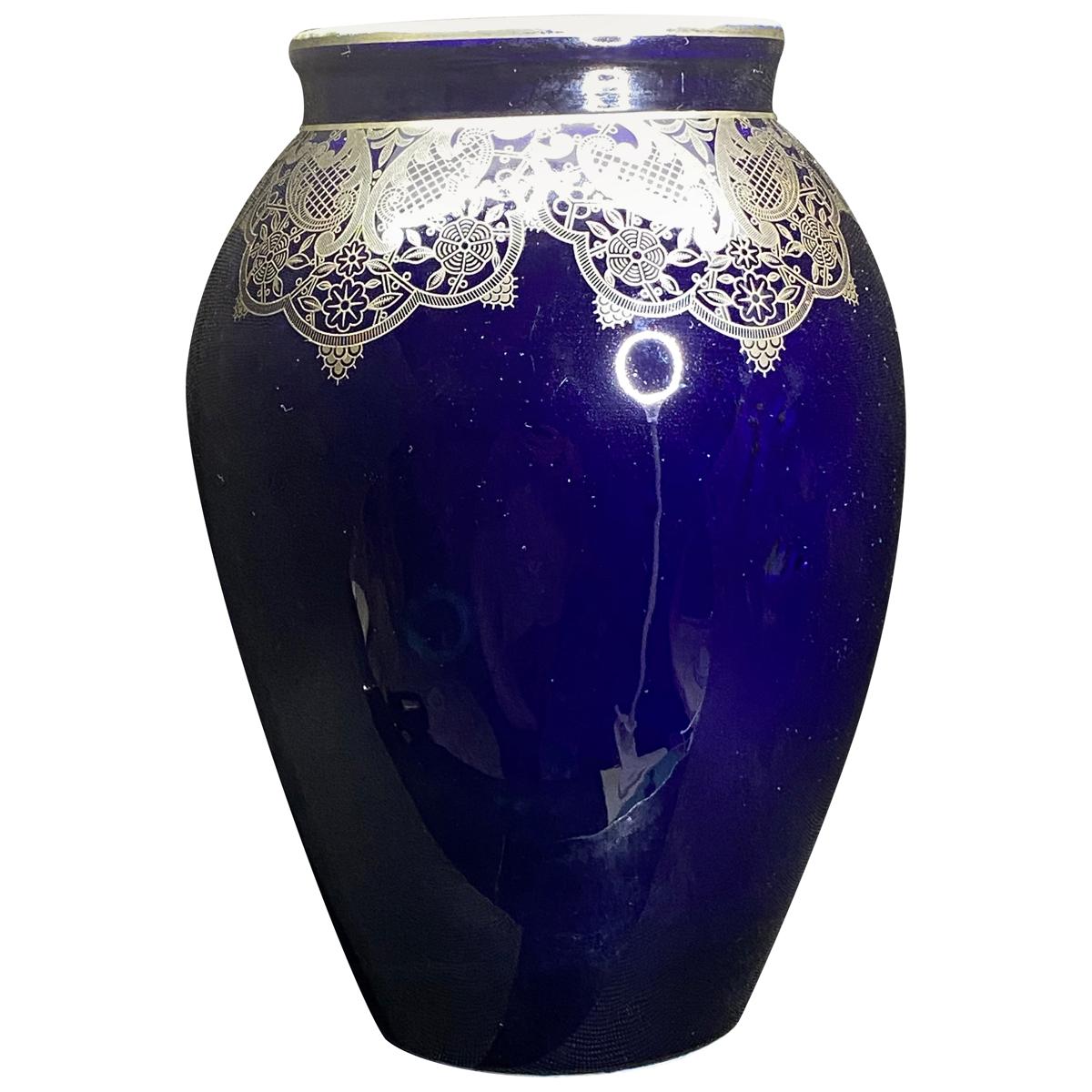 Dark Blue Colored Silver Overlay Vase by Hutschenreuther Hohenberg German, 1930s For Sale